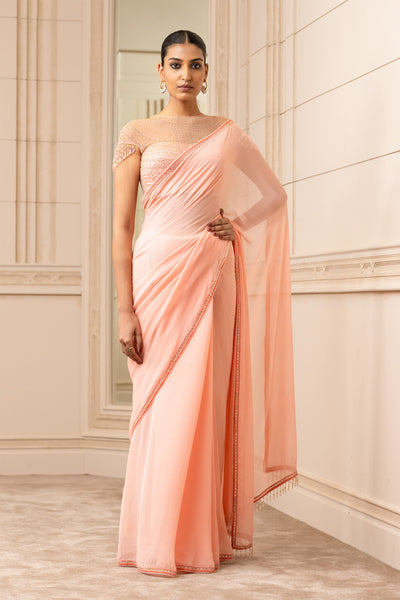 Tarun tahilaini Chiffon Saree With Crystal Detailing blush festive occasion indian designer wear online shopping melange singapore