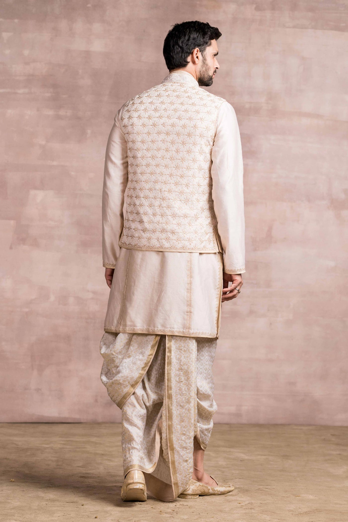 Tarun Tahiliani menswear Chikankari Embroidered Bundi With Printed Textured Base beige men online shopping melange singapore indian designer wear