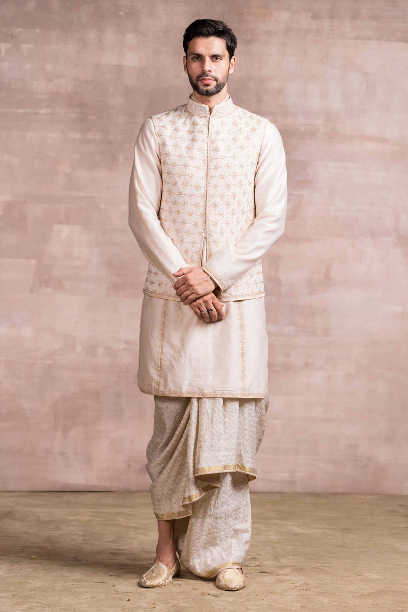 Tarun Tahiliani menswear Chikankari Embroidered Bundi With Printed Textured Base beige men online shopping melange singapore indian designer wear