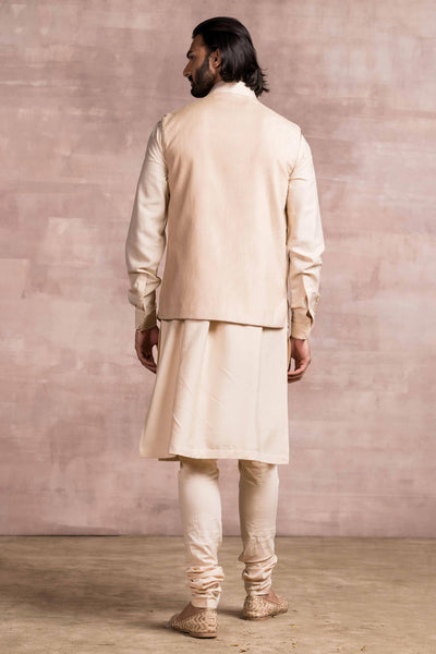 Tarun Tahiliani Chikankari Embroidered Bundi With Printed Textured Base light gold menswear mens festive indian designer wear online shopping melange singapore