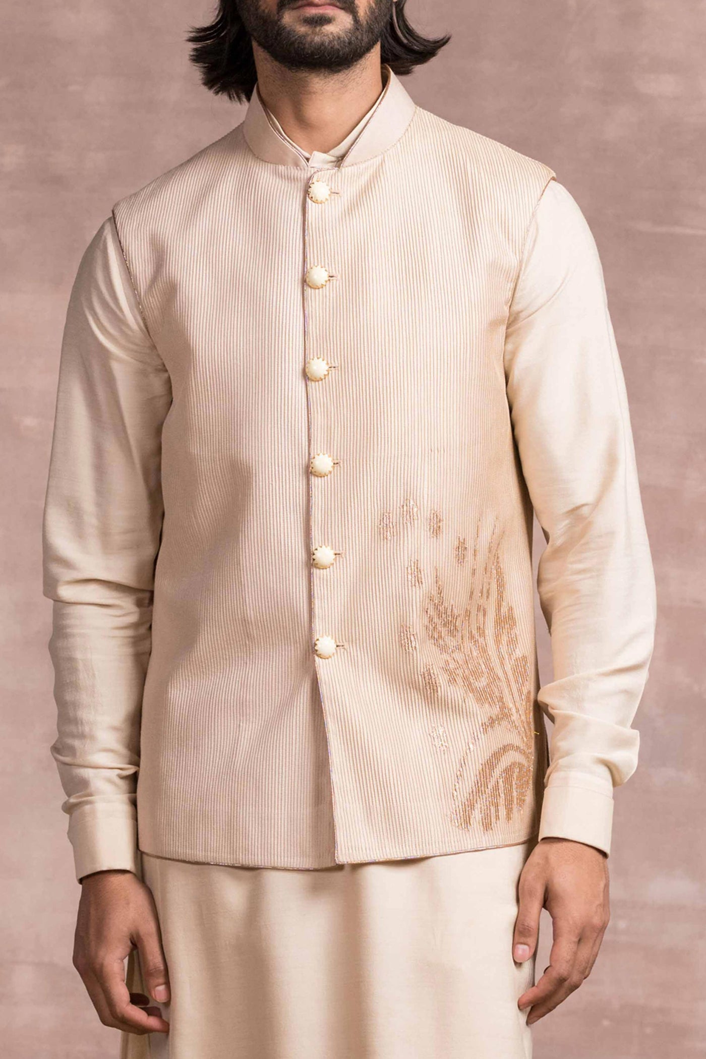 Tarun Tahiliani Chikankari Embroidered Bundi With Printed Textured Base light gold menswear mens festive indian designer wear online shopping melange singapore