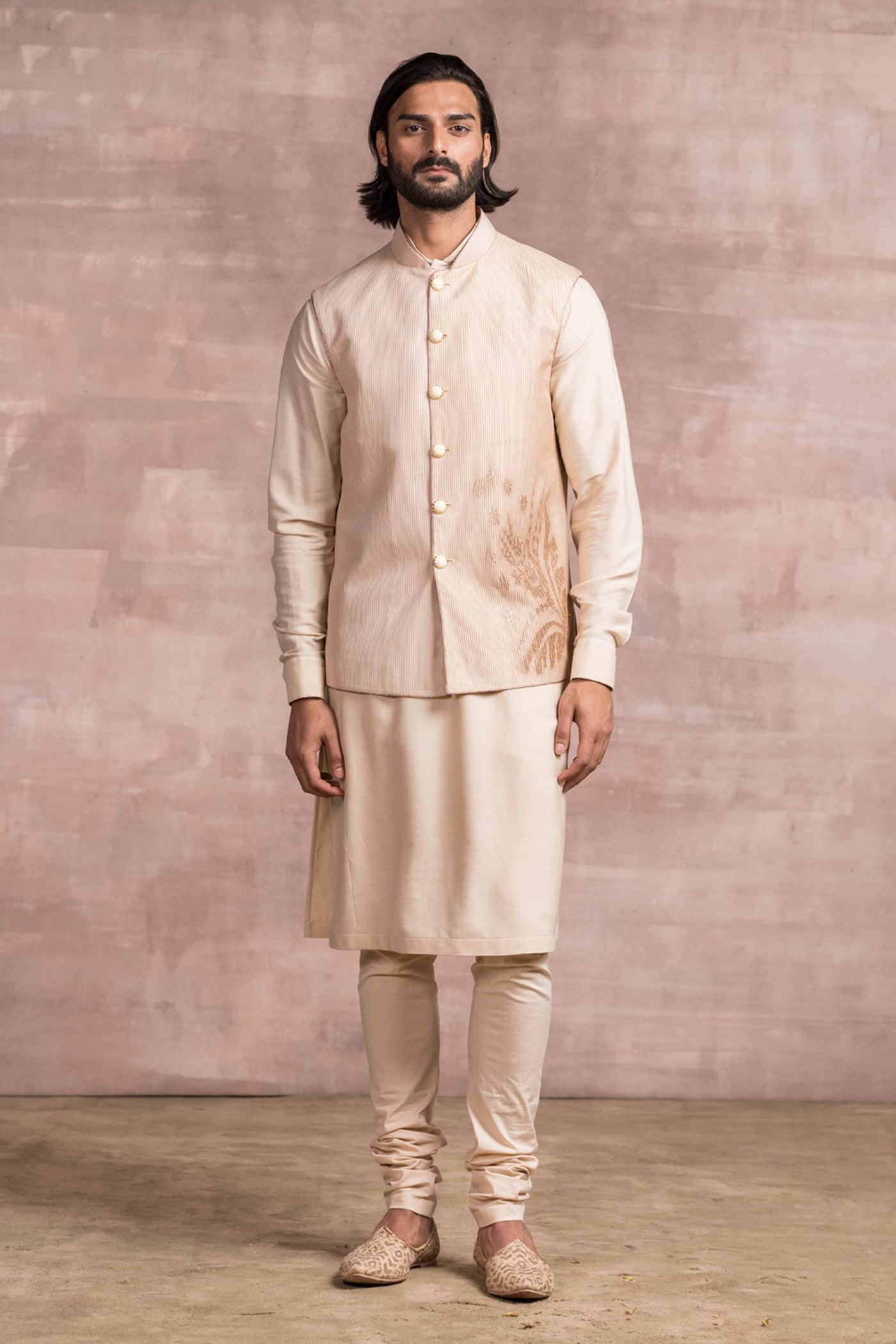 Tarun Tahiliani Chikankari Embroidered Bundi With Printed Textured Base light gold menswear mens festive indian designer wear online shopping melange singapore