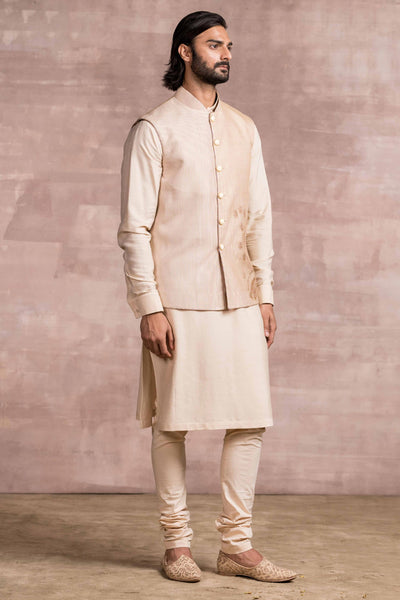 Tarun Tahiliani Chikankari Embroidered Bundi With Printed Textured Base light gold menswear mens festive indian designer wear online shopping melange singapore