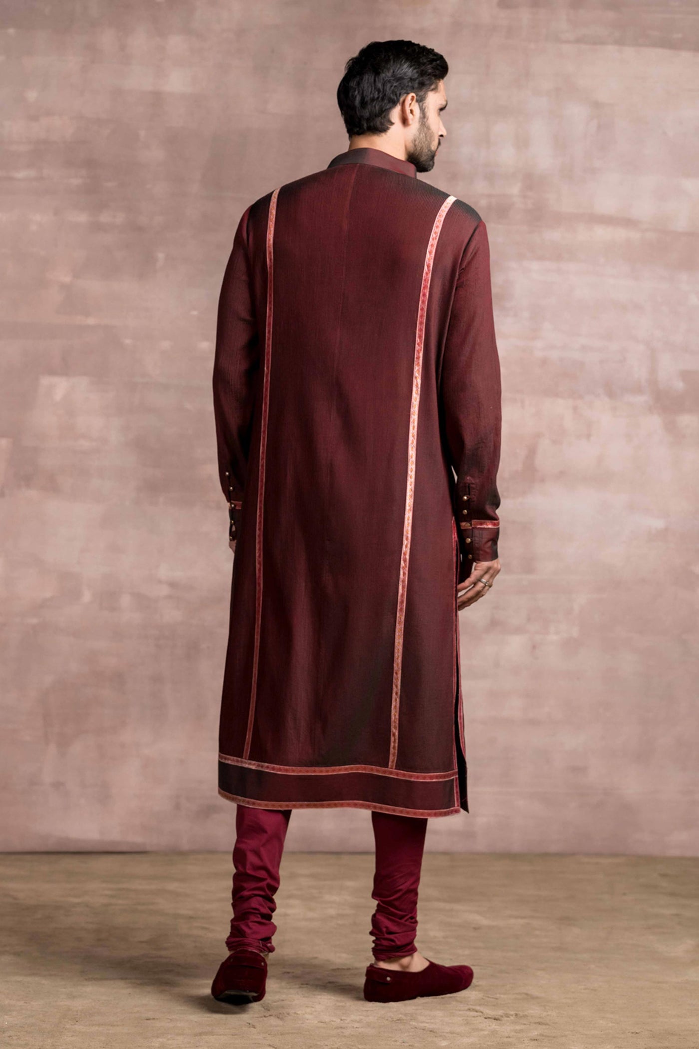 Tarun Tahiliani menswear Chikankari Embroidered Jaal Kurta Paired With Churidar maroon men festive indian designer wear online shopping melange singapore