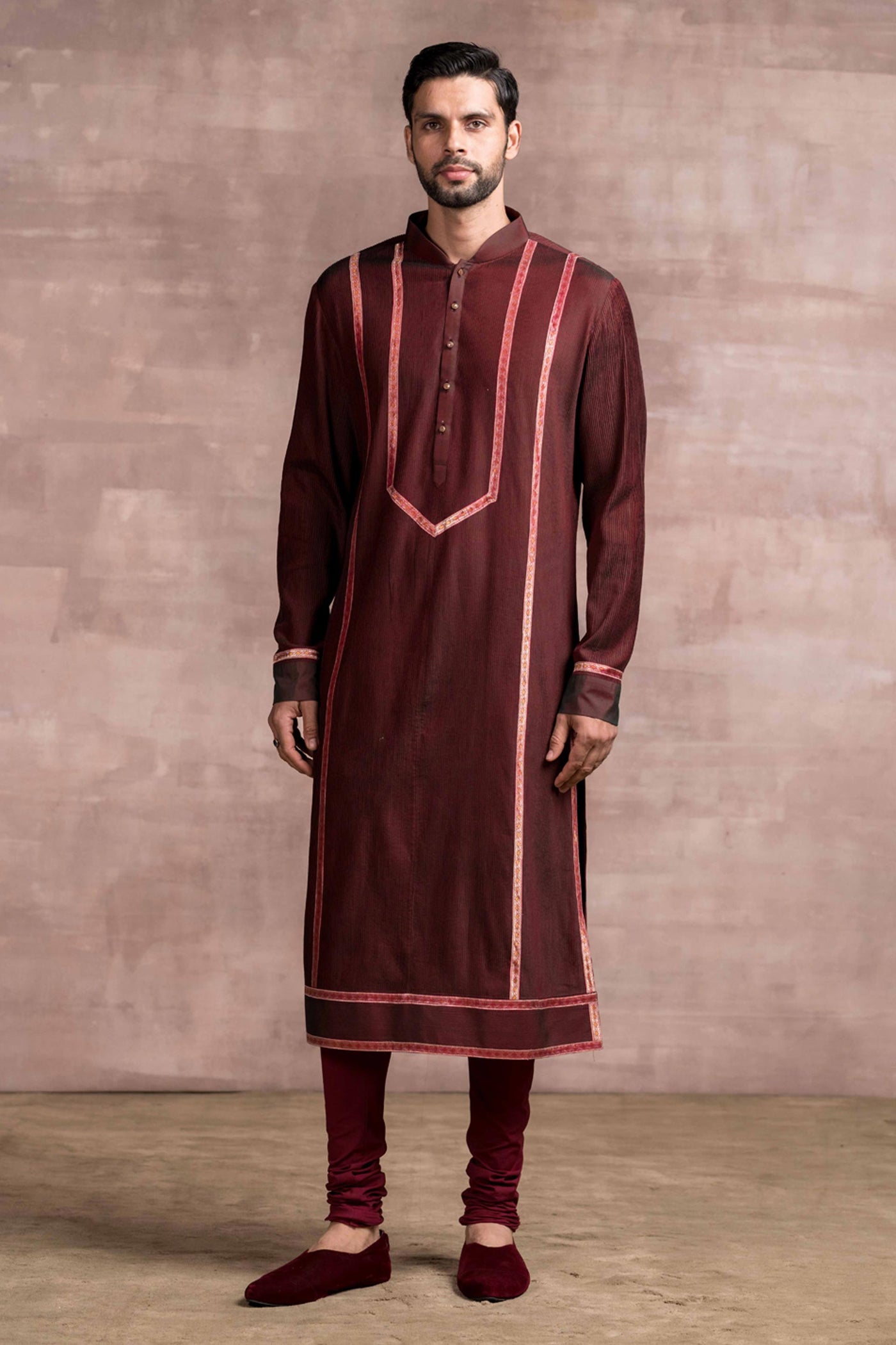 Tarun Tahiliani menswear Chikankari Embroidered Jaal Kurta Paired With Churidar maroon men festive indian designer wear online shopping melange singapore
