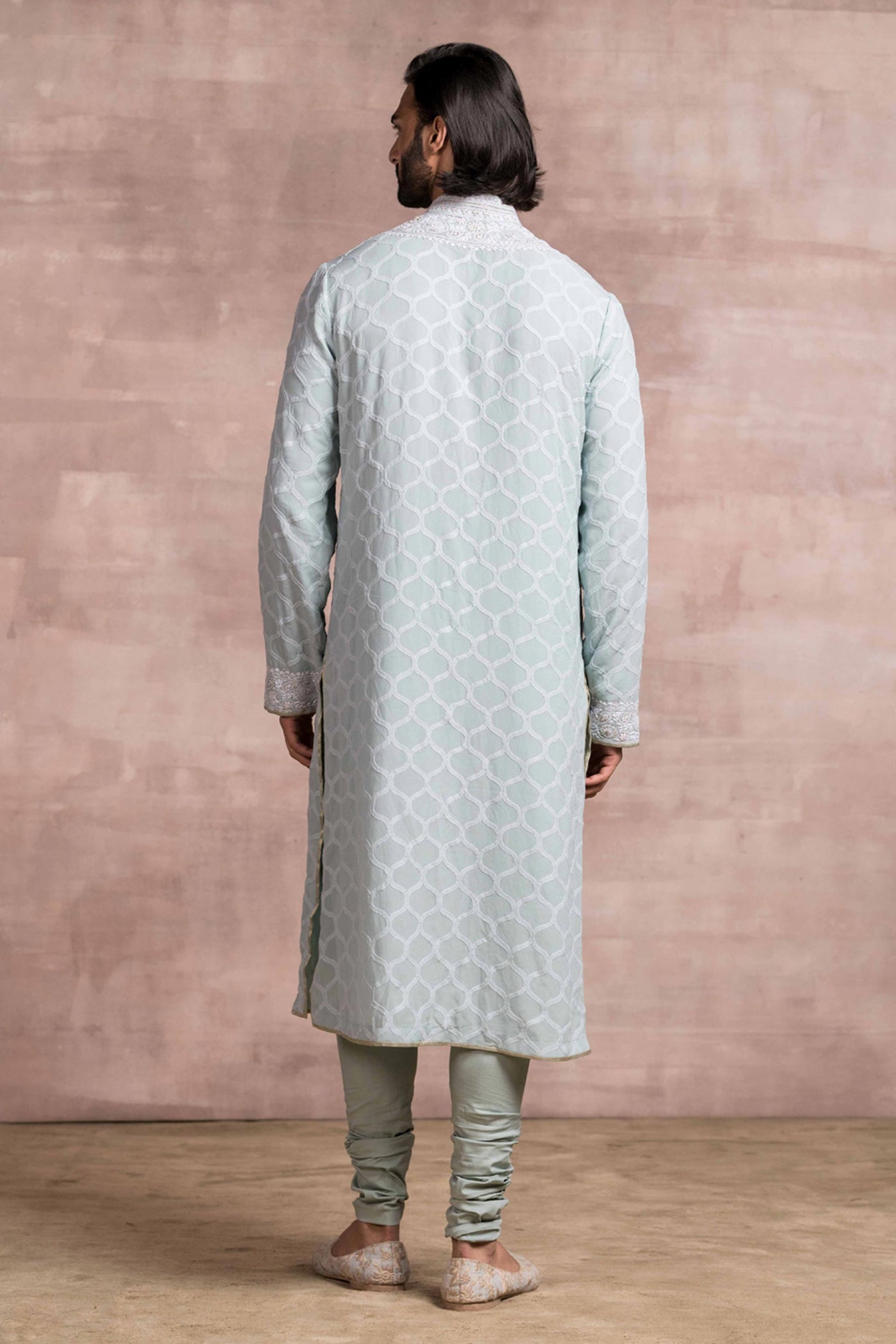 Tarun Tahiliani menswear Chikankari Embroidered Jaal Kurta Paired With Churidar men sky blue online shopping melange singapore indian deisgner wear