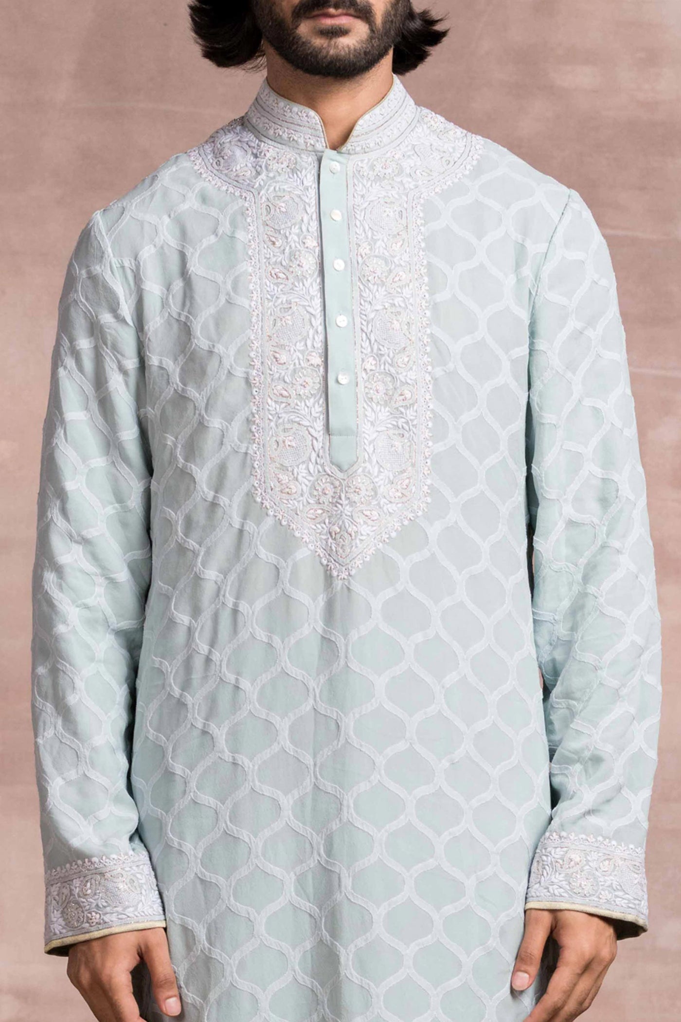 Tarun Tahiliani menswear Chikankari Embroidered Jaal Kurta Paired With Churidar men sky blue online shopping melange singapore indian deisgner wear