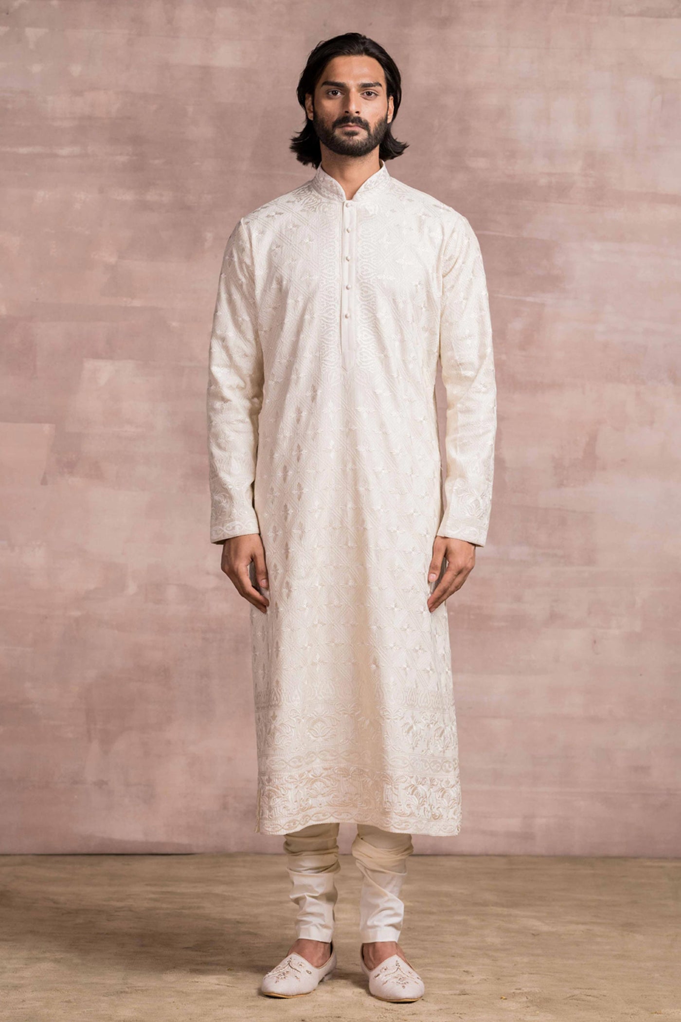 Tarun Tahiliani menswear Chikankari Embroidered Kurta Paired With A Churidar ivory men festive indian designer wear online shopping melange singapore