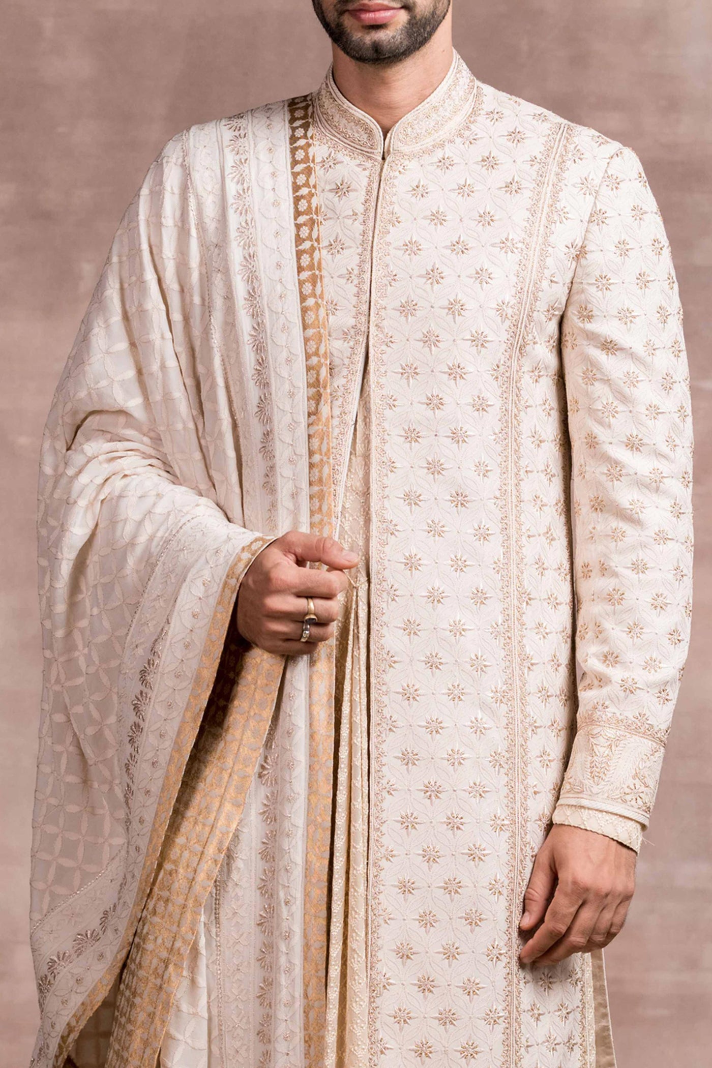 Tarun Tahiliani menswear Chikankari Sherwani With Printed Textured Base And Kasab Details Ivory men online shopping melange singapore indian designer wear