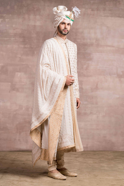 Tarun Tahiliani menswear Chikankari Sherwani With Printed Textured Base And Kasab Details Ivory men online shopping melange singapore indian designer wear