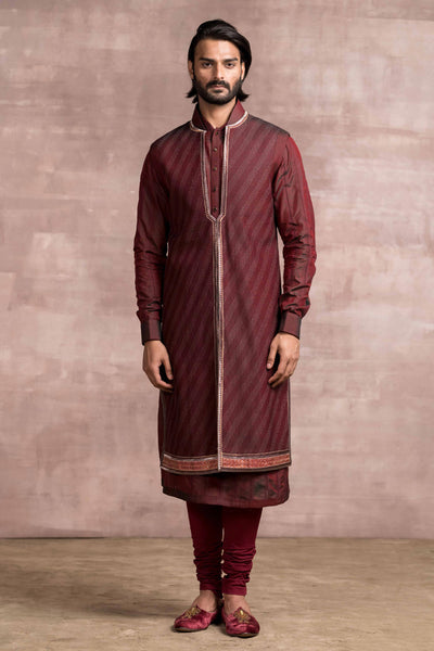 Tarun Tahiliani Chikankari Sherwani With Printed Textured Base And Kasab Details maroon menswear men festive indian designer wear online shopping melange singapore