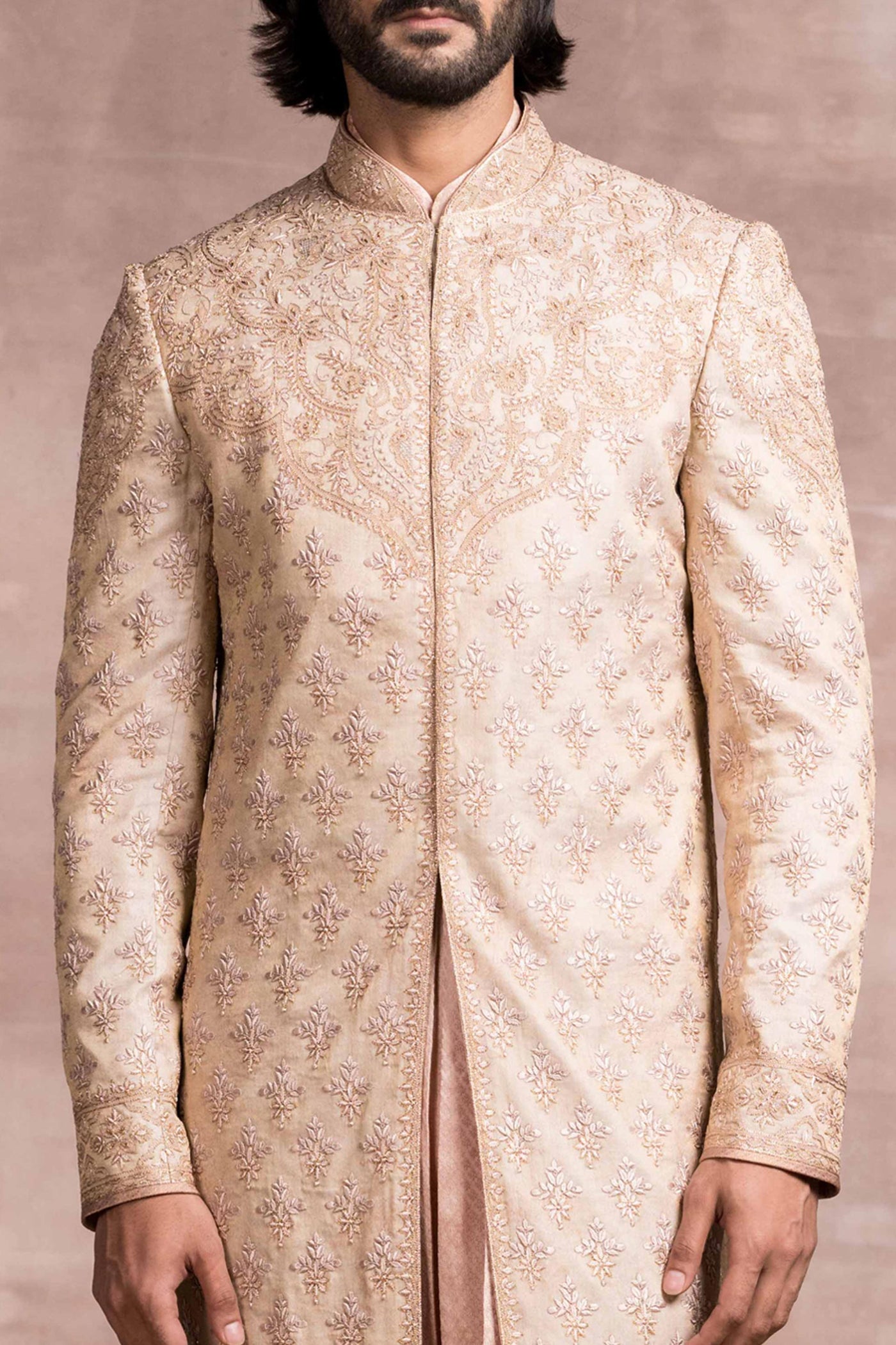 Tarun Tahiliani menswear Chikankari Sherwani With Printed Textured Base And Kasab Details salmon mens online shopping melange singapore indian designer wear