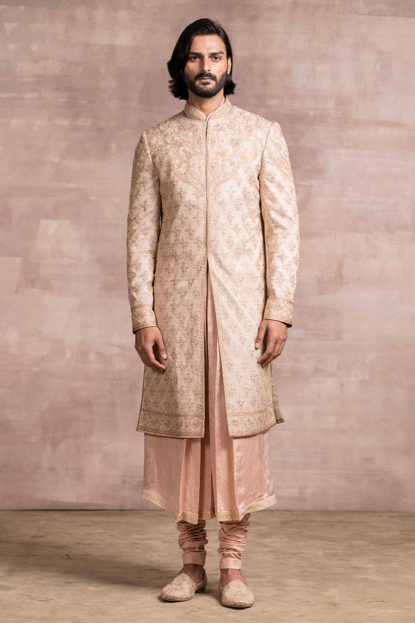 Tarun Tahiliani menswear Chikankari Sherwani With Printed Textured Base And Kasab Details salmon mens online shopping melange singapore indian designer wear