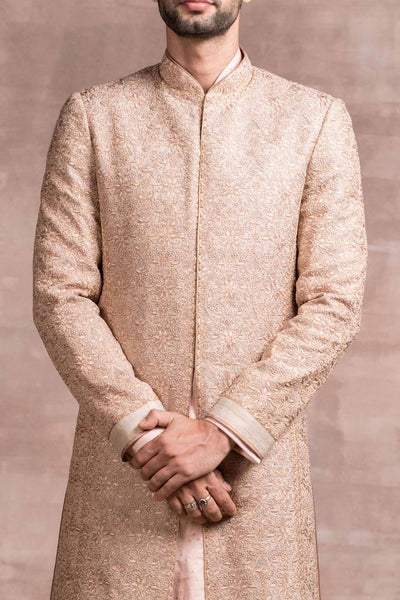 Tarun Tahiliani Chikankari Sherwani With Printed Textured Base salmon mens menswear online shopping melange singapore indian designer wear