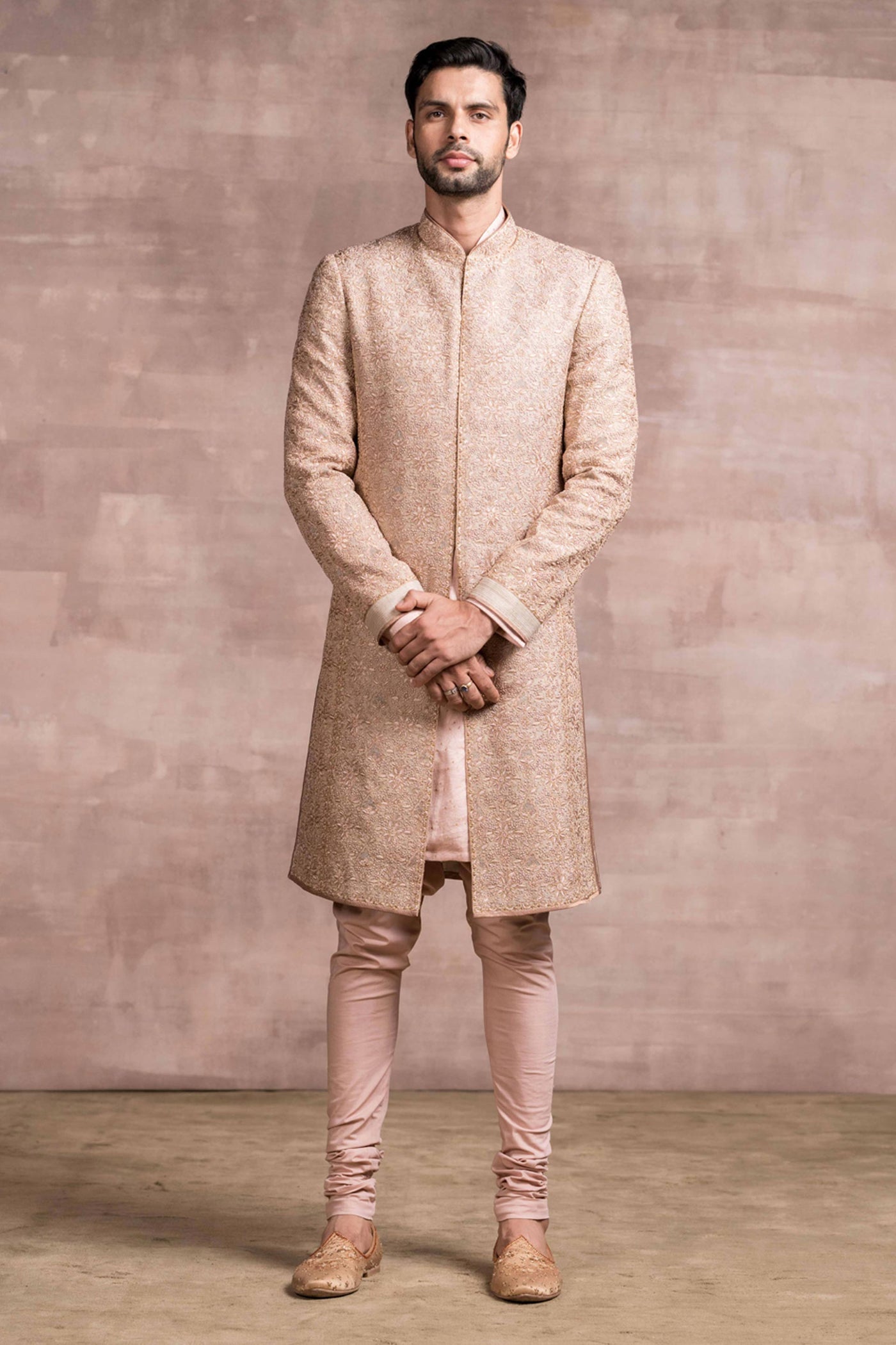 Tarun Tahiliani Chikankari Sherwani With Printed Textured Base salmon mens menswear online shopping melange singapore indian designer wear