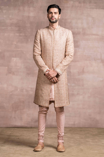 Tarun Tahiliani Chikankari Sherwani With Printed Textured Base salmon mens menswear online shopping melange singapore indian designer wear