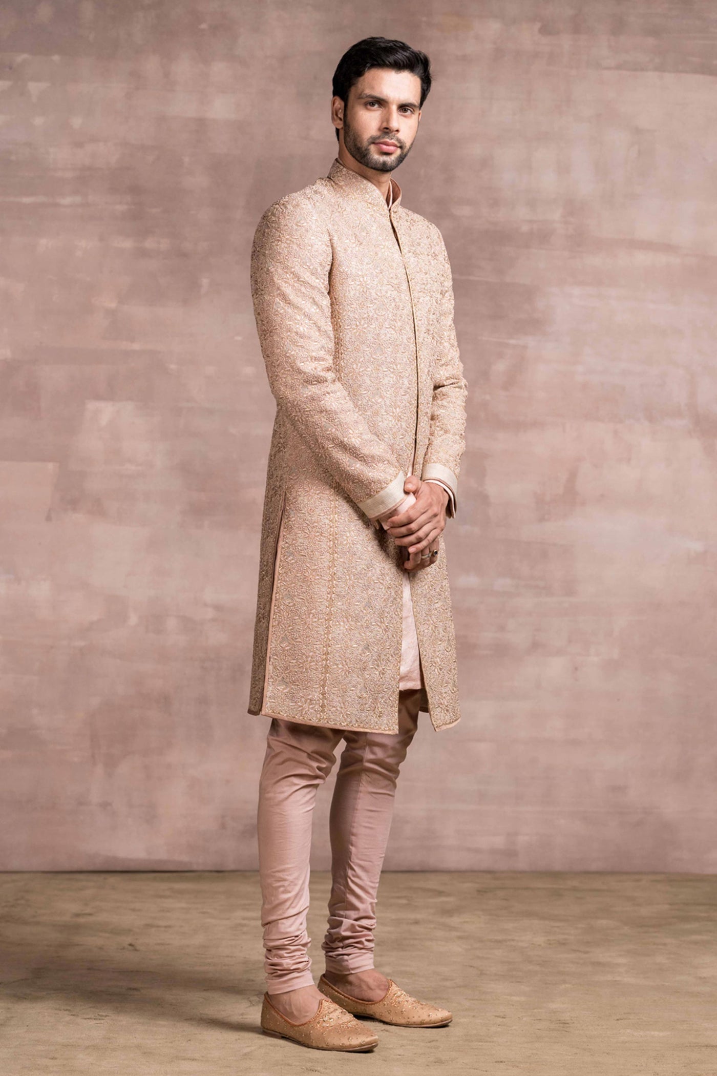 Tarun Tahiliani Chikankari Sherwani With Printed Textured Base salmon mens menswear online shopping melange singapore indian designer wear