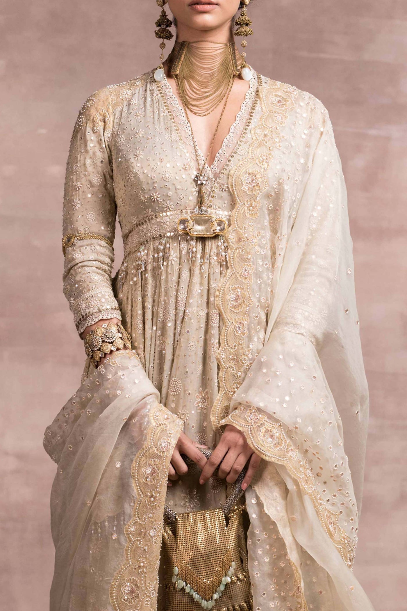 Tarun Tahiliani Chikankari Anarkali With Embroidered Churidar And Tulle Dupatta multi indian occasion wear bridal wedding online shopping melange singapore