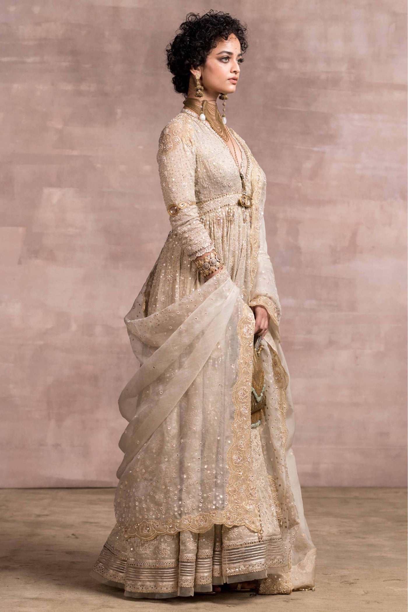 Tarun Tahiliani Chikankari Anarkali With Embroidered Churidar And Tulle Dupatta multi indian occasion wear bridal wedding online shopping melange singapore