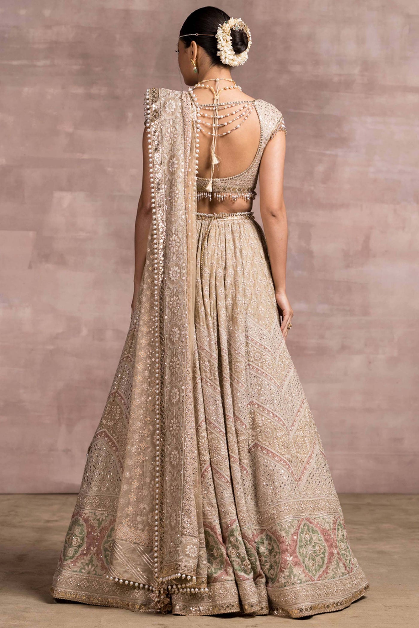 Tarun Tahiliani Chikankari Lehenga With Matching Blouse And Pearl-Laced Tulla Dupatta bridal wedding occasion indian designer wear online shopping melange singapore