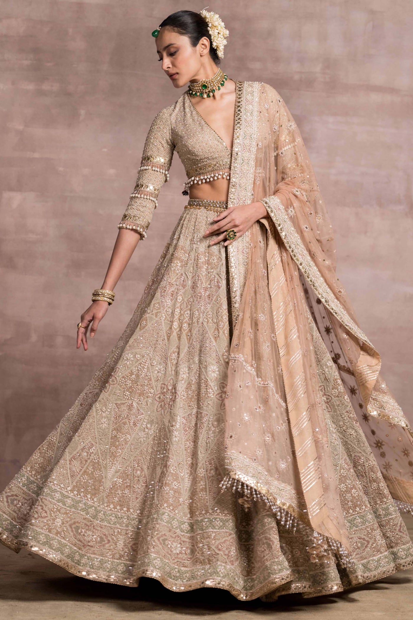 Tarun Tahiliani Chikankari Lehenga With Matching Blouse And Tulle Dupatta With Crystals bridal wedding occasion indian designer wear online shopping melange singapore