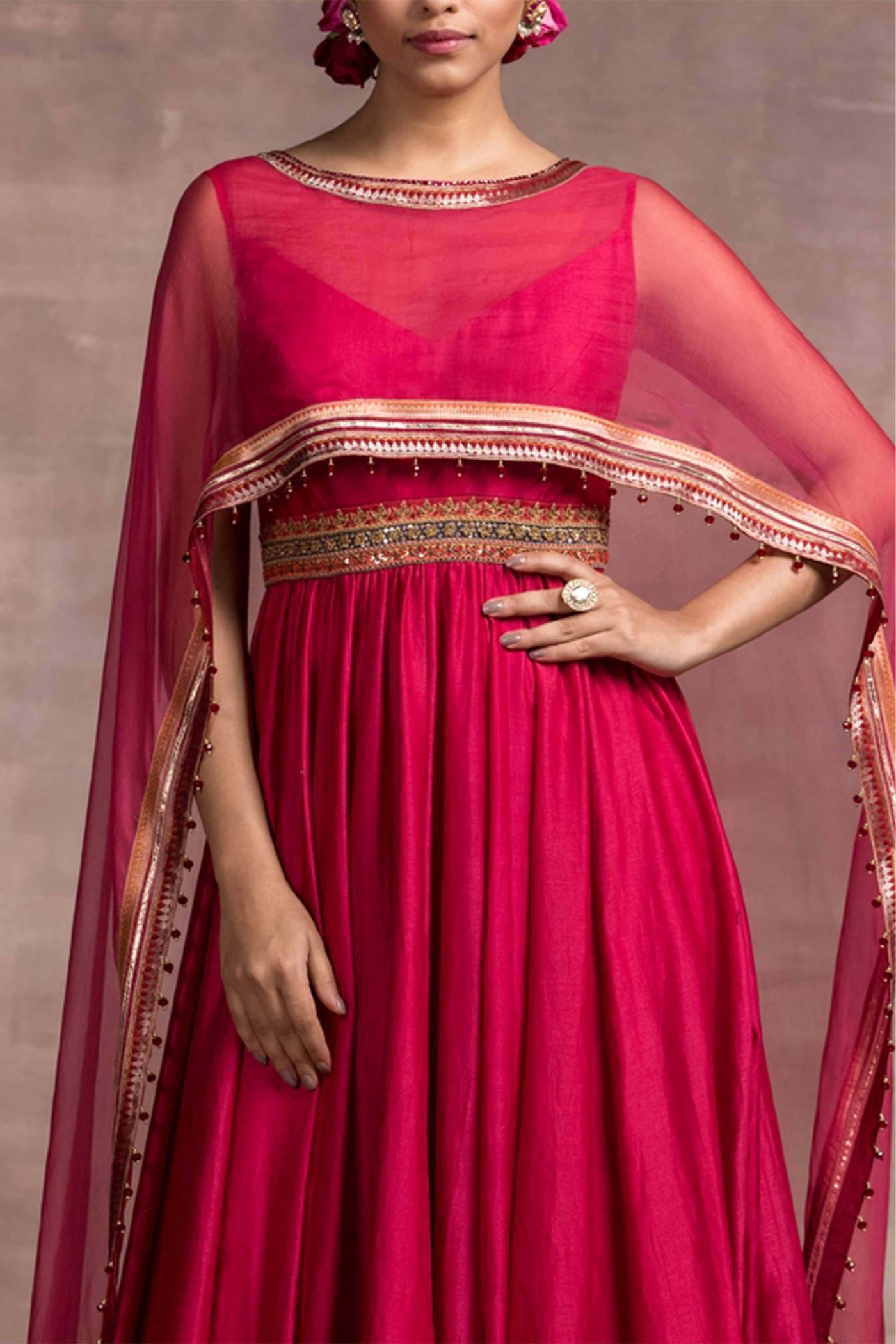 Tarun Tahiliani Classic Anarkali With Attached Sheer Silk Cape And Churidar magenta festive indian designer wear online shopping melange singapore