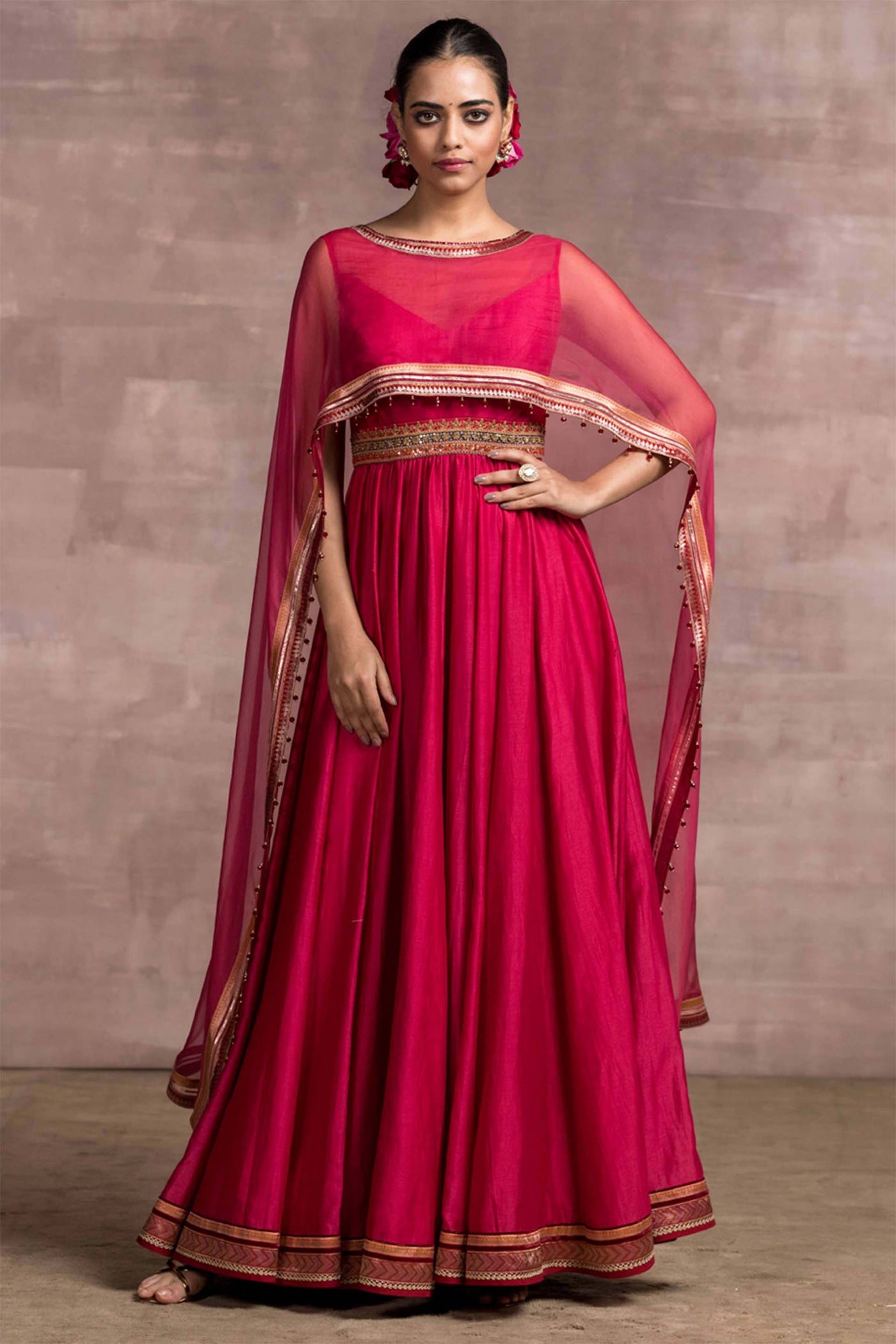 Tarun Tahiliani Classic Anarkali With Attached Sheer Silk Cape And Churidar magenta festive indian designer wear online shopping melange singapore