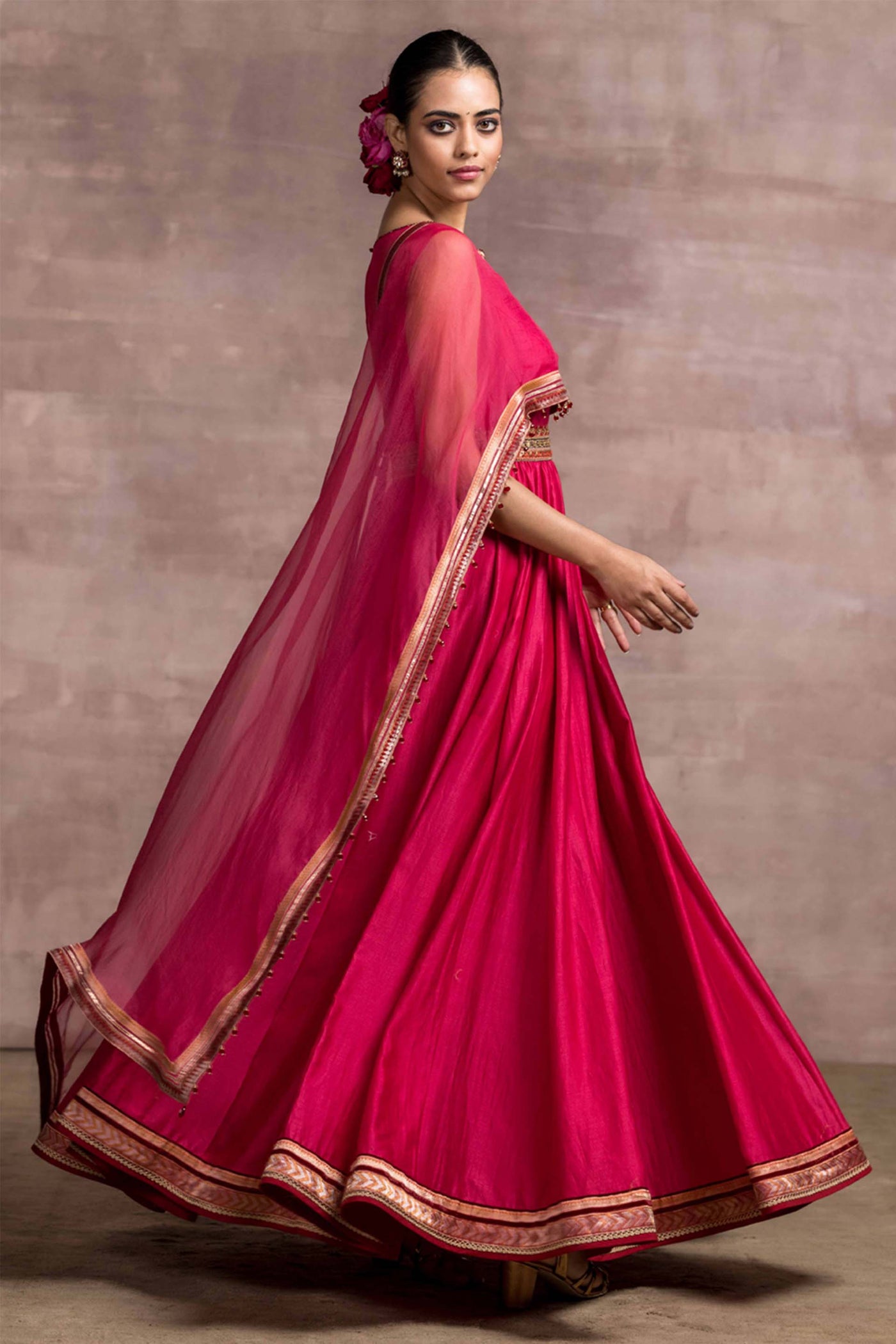 Tarun Tahiliani Classic Anarkali With Attached Sheer Silk Cape And Churidar magenta festive indian designer wear online shopping melange singapore