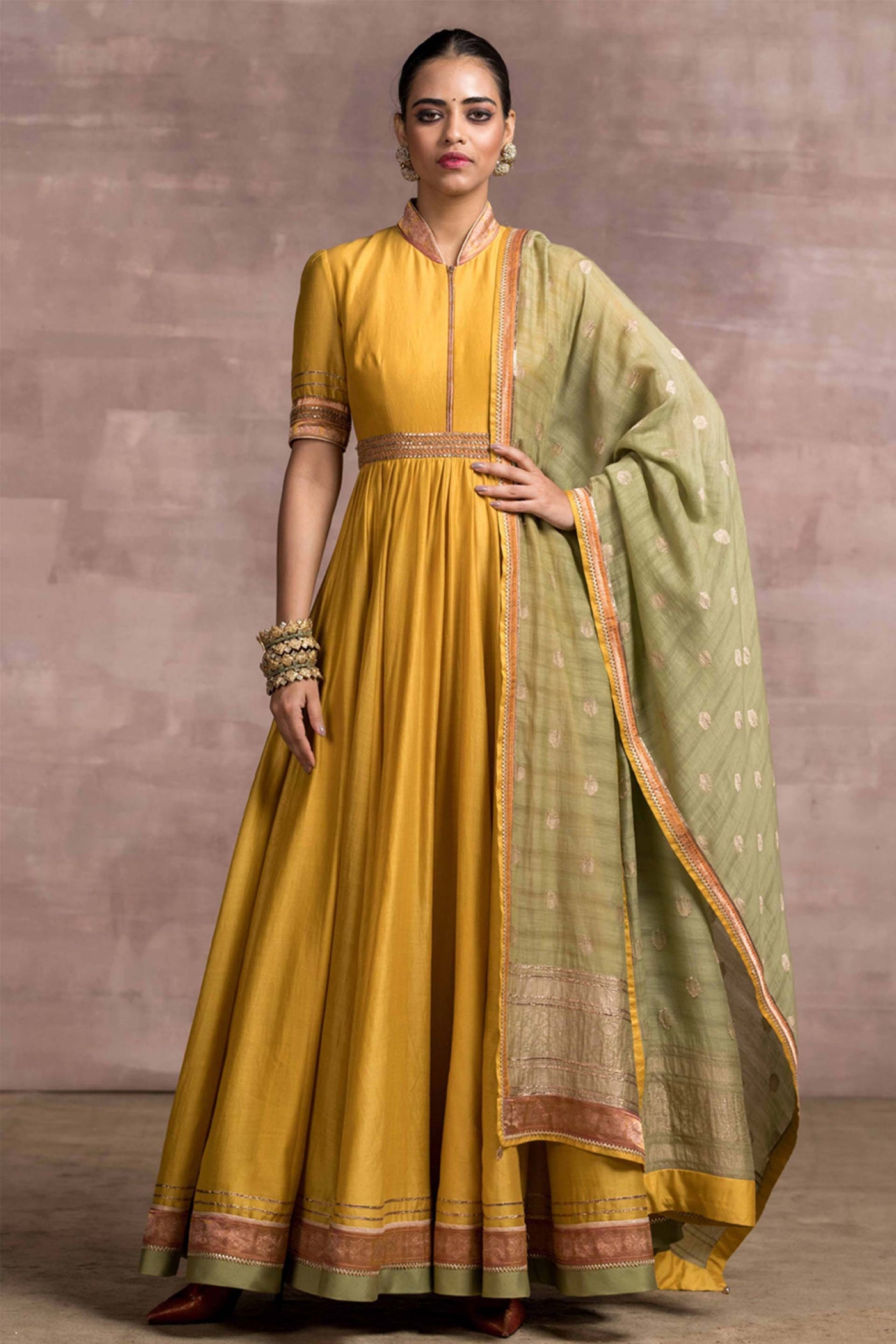 Tarun Tahiliani Classic Anarkali With Contrasting Handloom Dupatta And Churidar mustard online shopping melange singapore festive indian designer wear