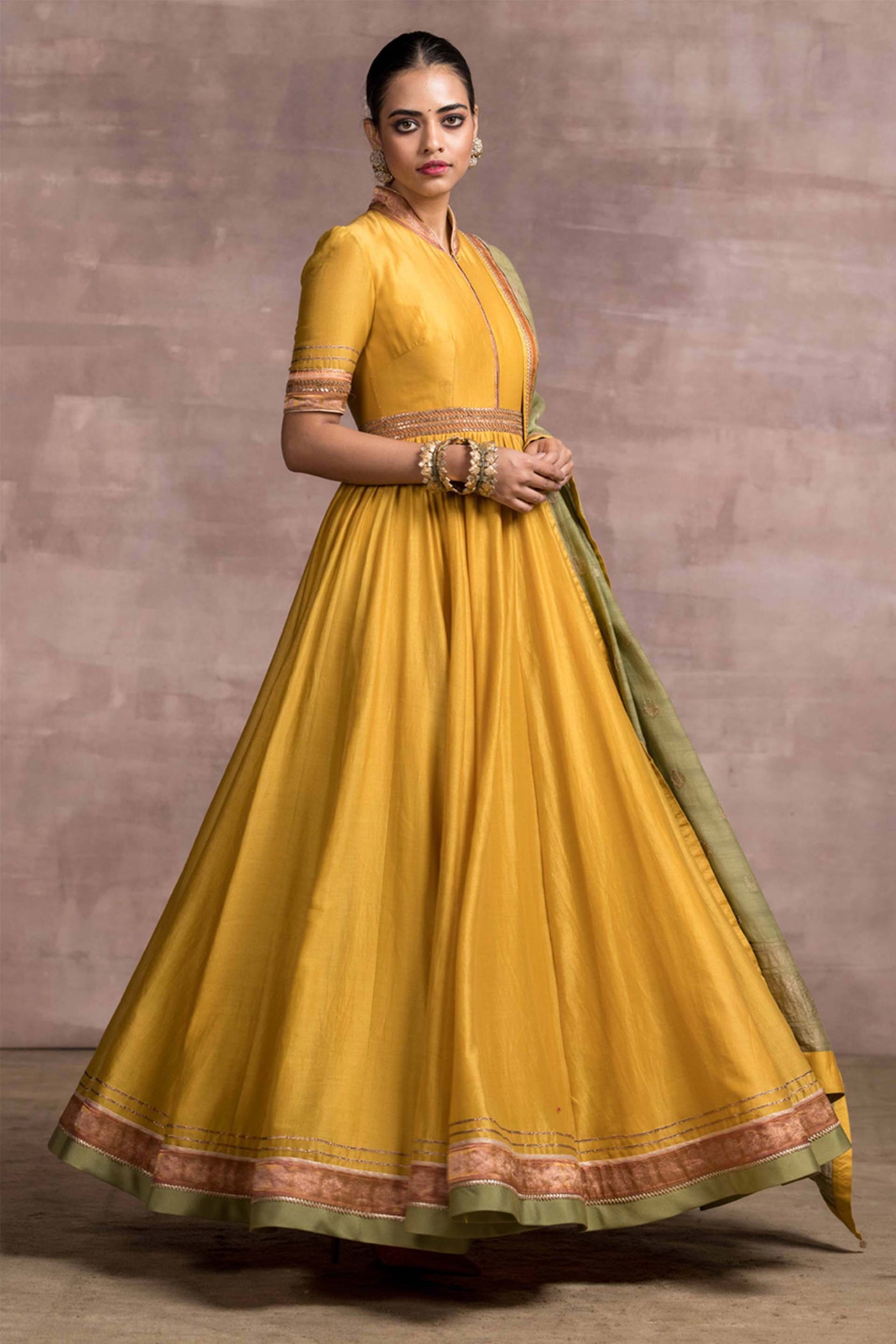 Tarun Tahiliani Classic Anarkali With Contrasting Handloom Dupatta And Churidar mustard online shopping melange singapore festive indian designer wear