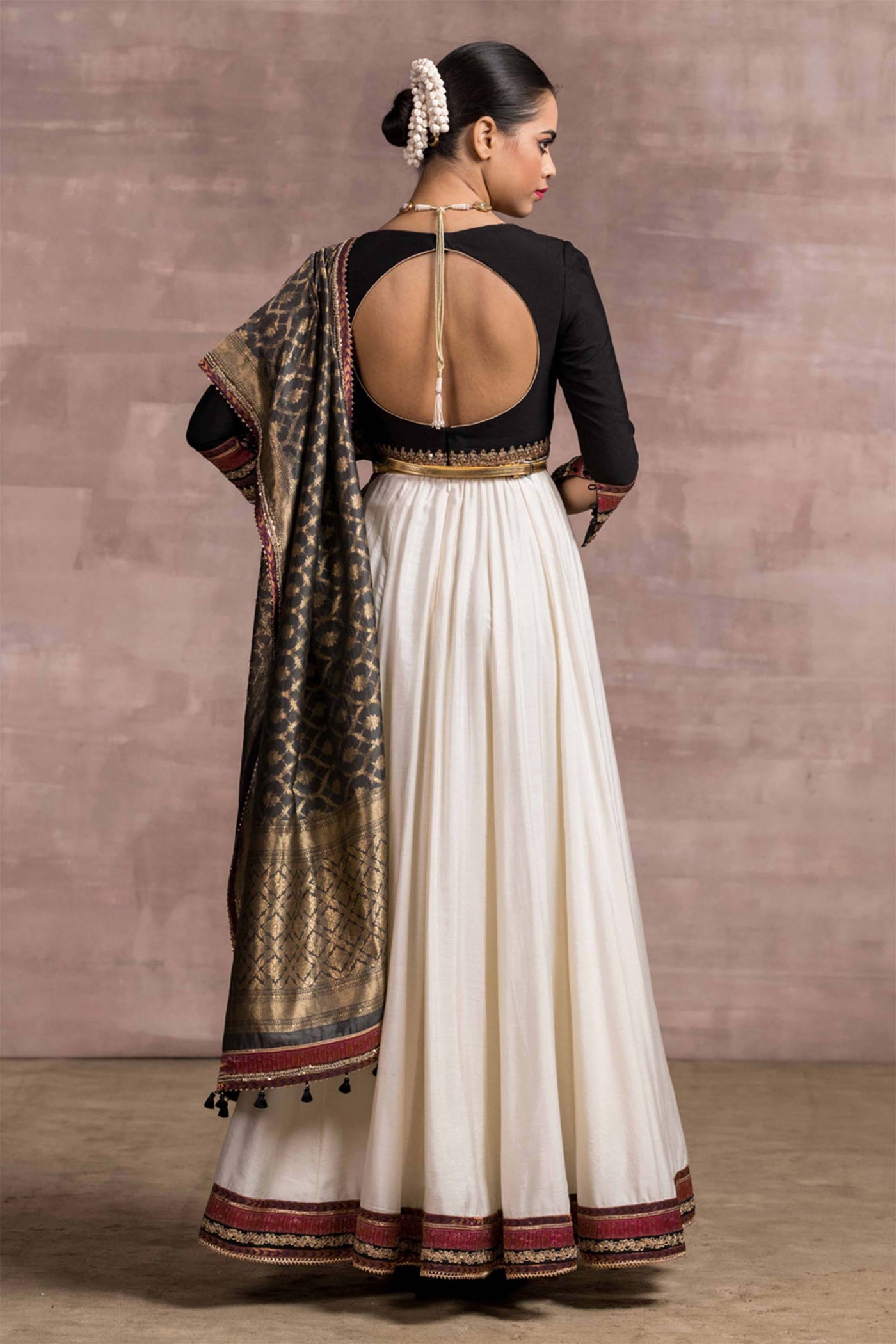 Tarun Tahiliani Colour-Blocked Anarkali With Brocade Borders And Handloom Dupatta And Churidar ivory black festive indian designer wear online shopping melange singapore