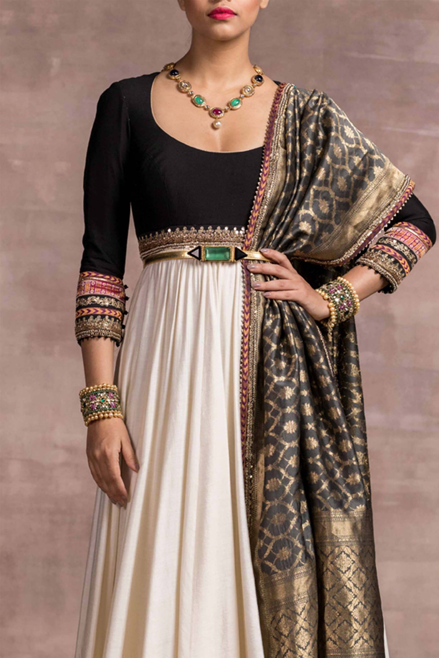 Tarun Tahiliani Colour-Blocked Anarkali With Brocade Borders And Handloom Dupatta And Churidar ivory black festive indian designer wear online shopping melange singapore