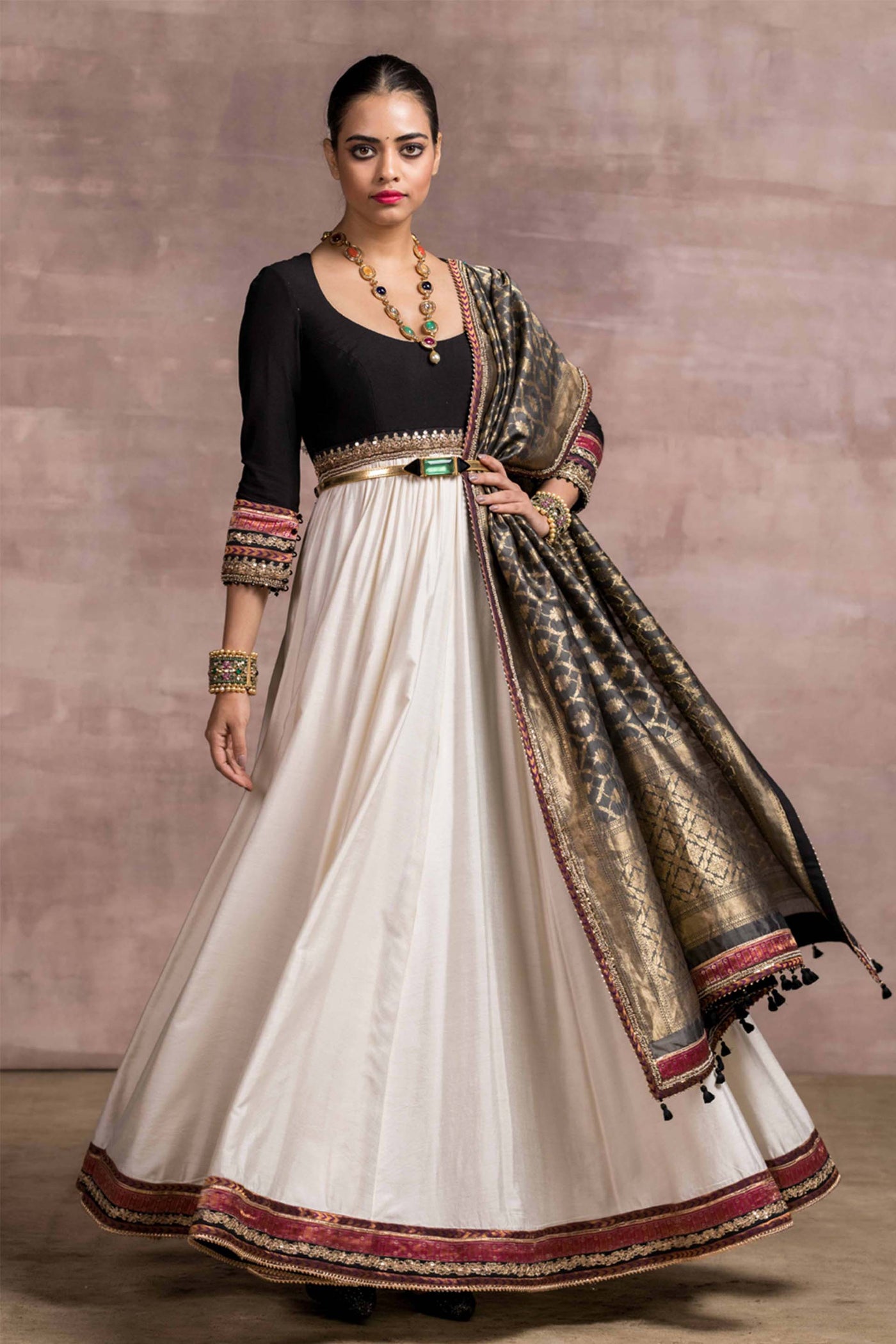 Tarun Tahiliani Colour-Blocked Anarkali With Brocade Borders And Handloom Dupatta And Churidar ivory black festive indian designer wear online shopping melange singapore