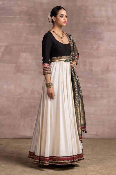 Tarun Tahiliani Colour-Blocked Anarkali With Brocade Borders And Handloom Dupatta And Churidar ivory black festive indian designer wear online shopping melange singapore