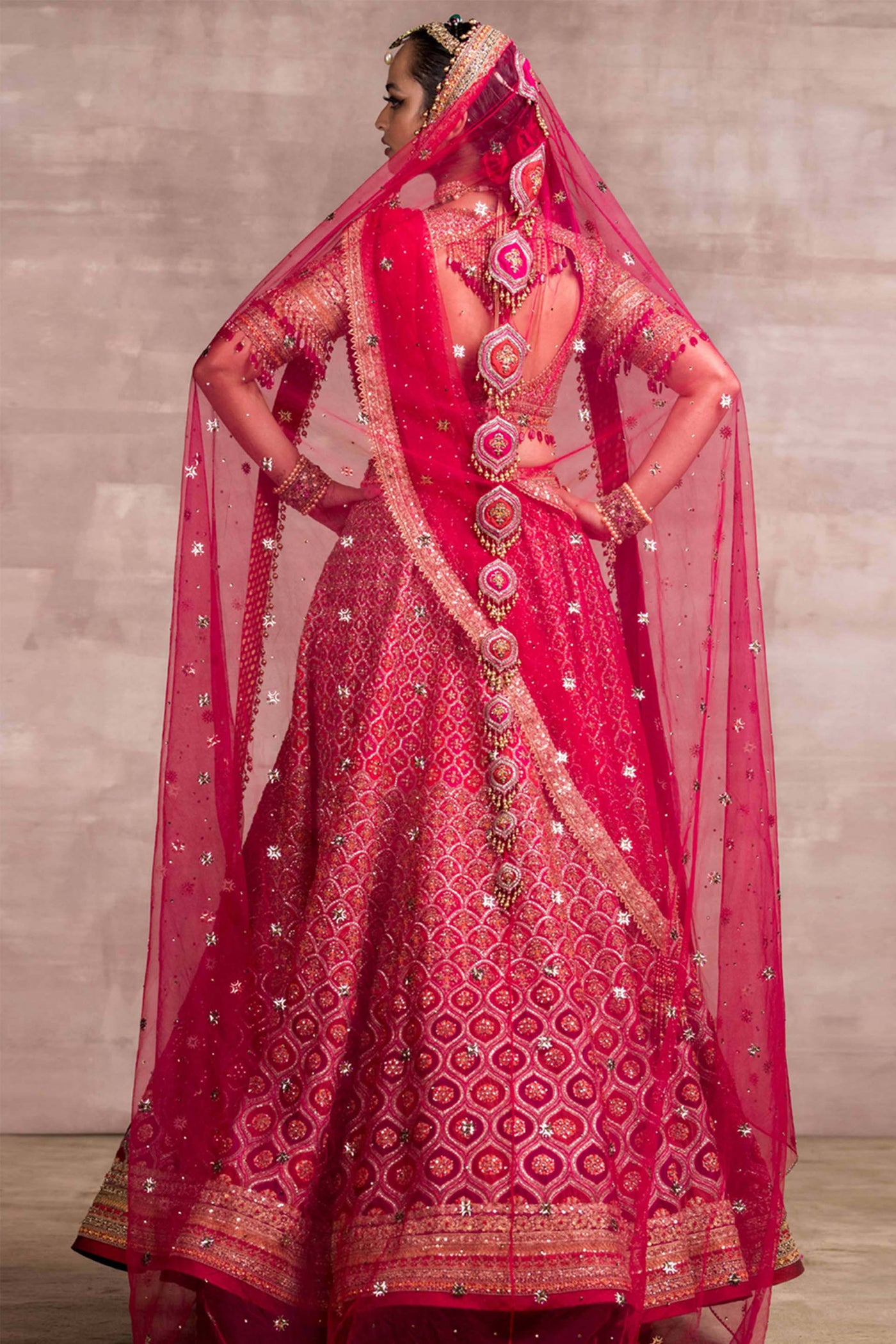 Tarun Tahiliani Colour-Blocked Embroidered Lehenga With Matching Blouse pink red indian bridal wedding designer wear online shopping melange singapore