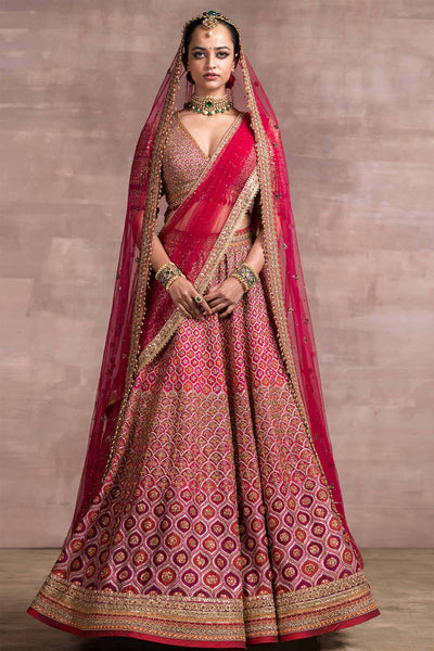 Tarun Tahiliani Colour-Blocked Embroidered Lehenga With Matching Blouse pink red indian bridal wedding designer wear online shopping melange singapore