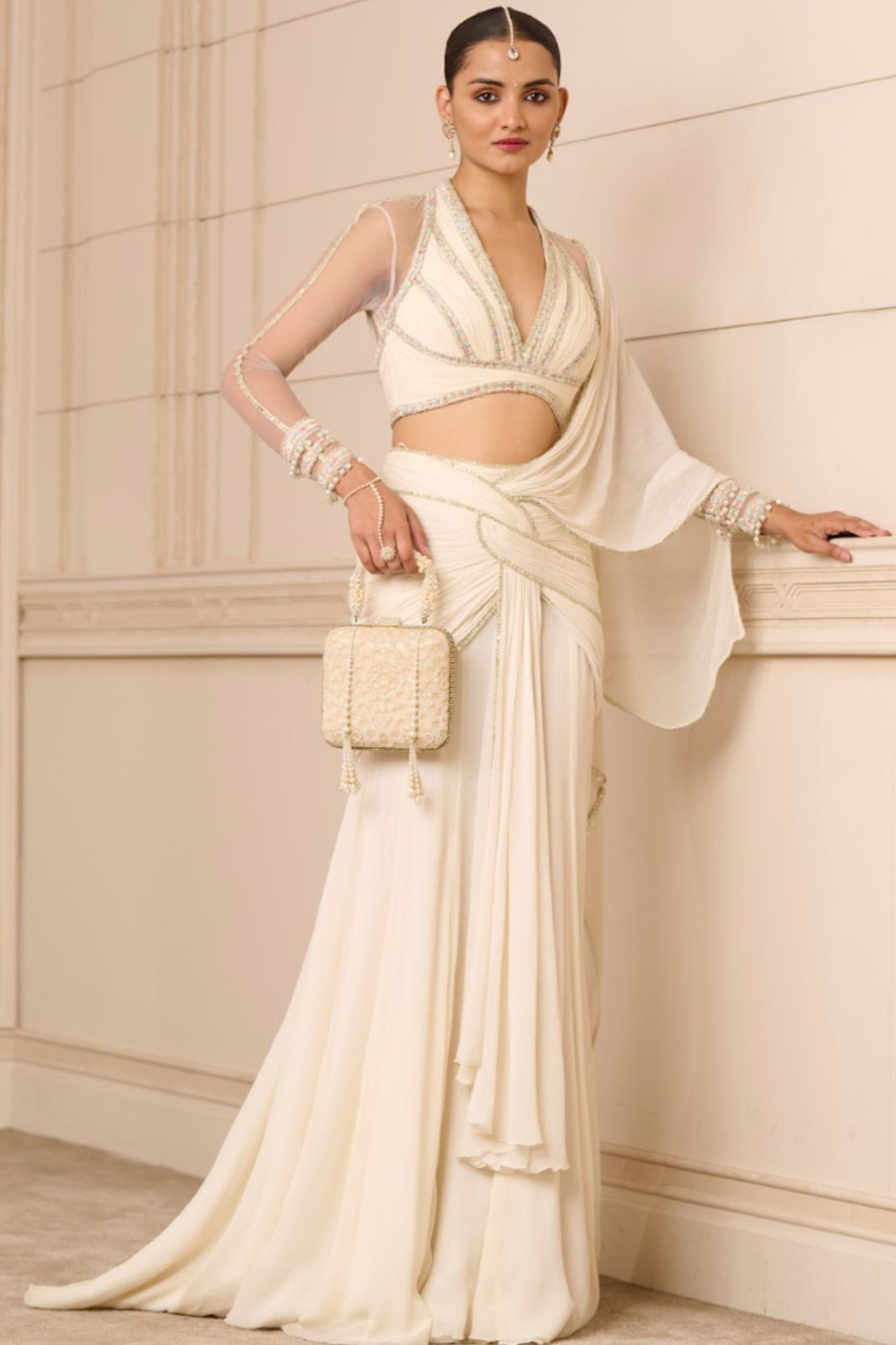 Tarun Tahiliani Concept Saree and Blouse Ivory indian designer wear online shopping melange singapore
