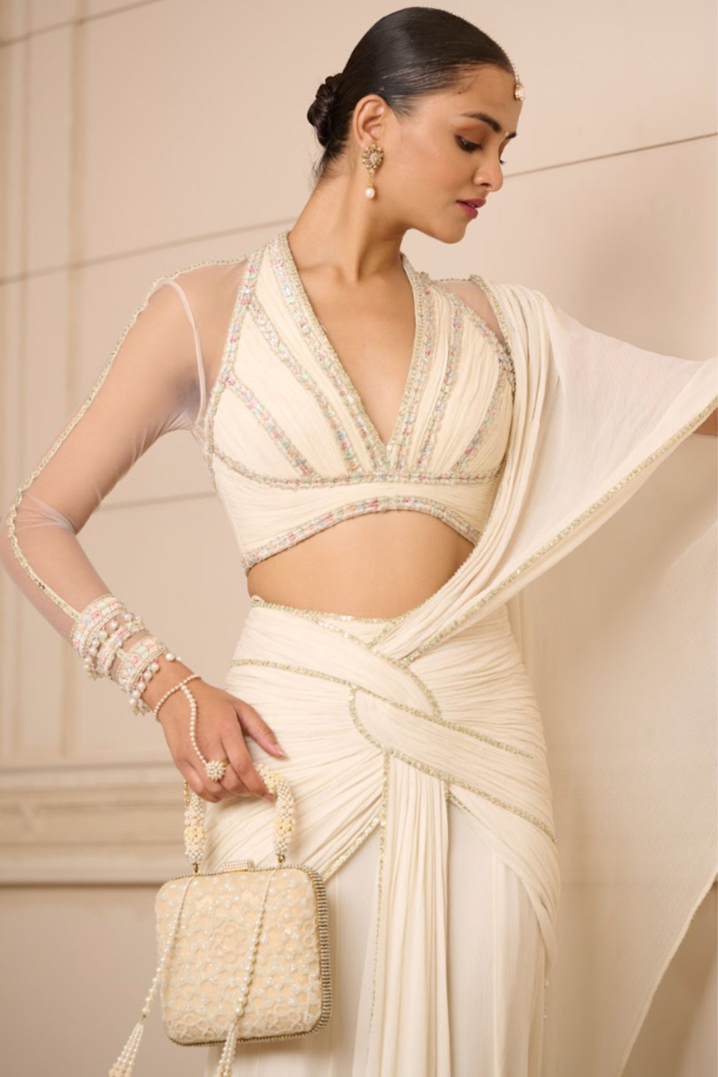 Tarun Tahiliani Concept Saree and Blouse Ivory indian designer wear online shopping melange singapore