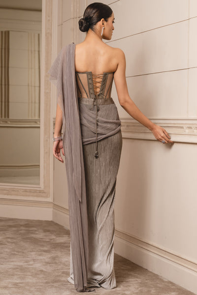 Tarun Tahiliani Concept Saree With Corset Blouse grey online shopping melange singapore indian designer wear