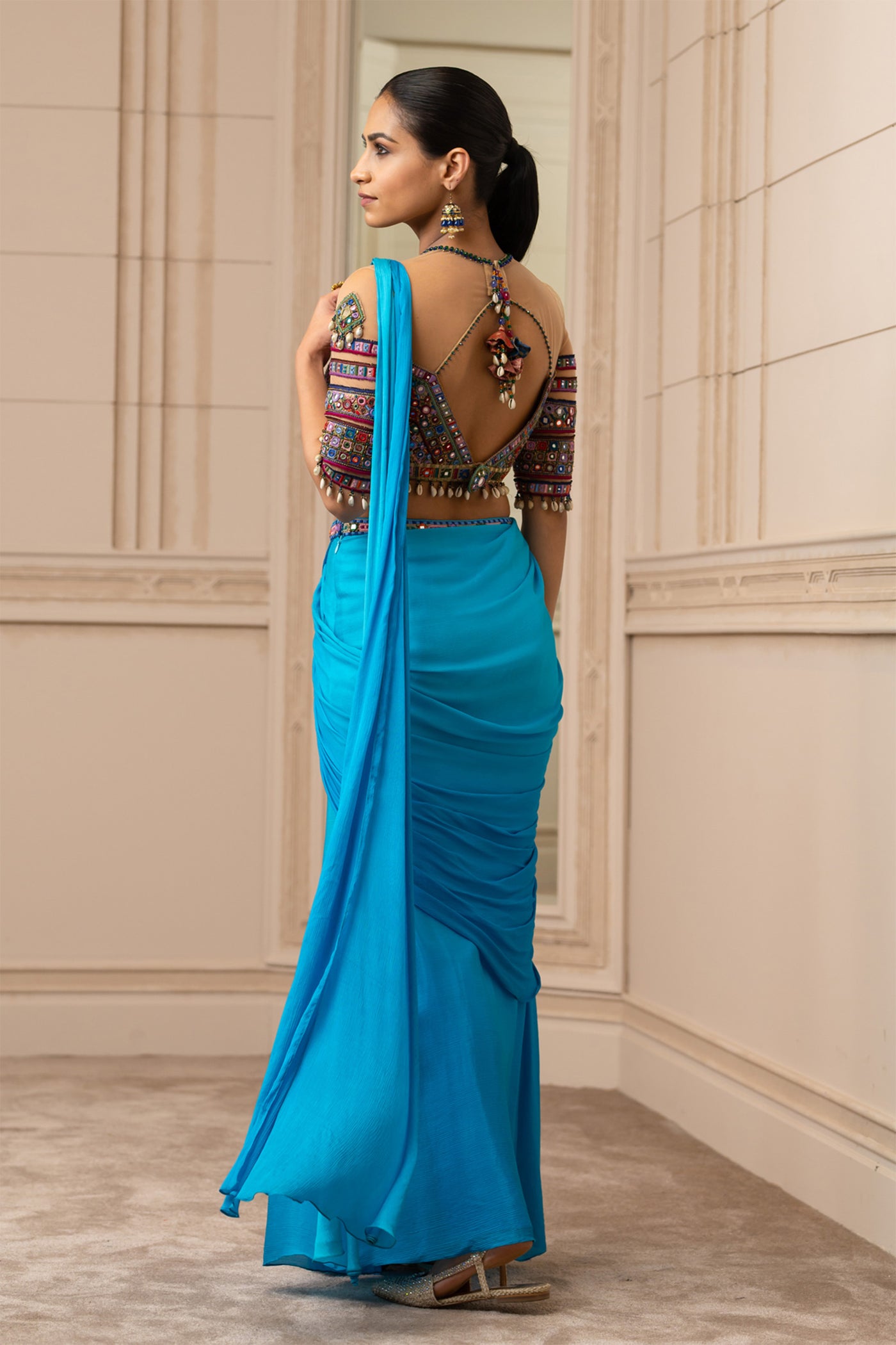 Tarun Tahiliani Concept Saree With embroidered Blouse blue festive occasion indian designer wear online shopping melange singapore