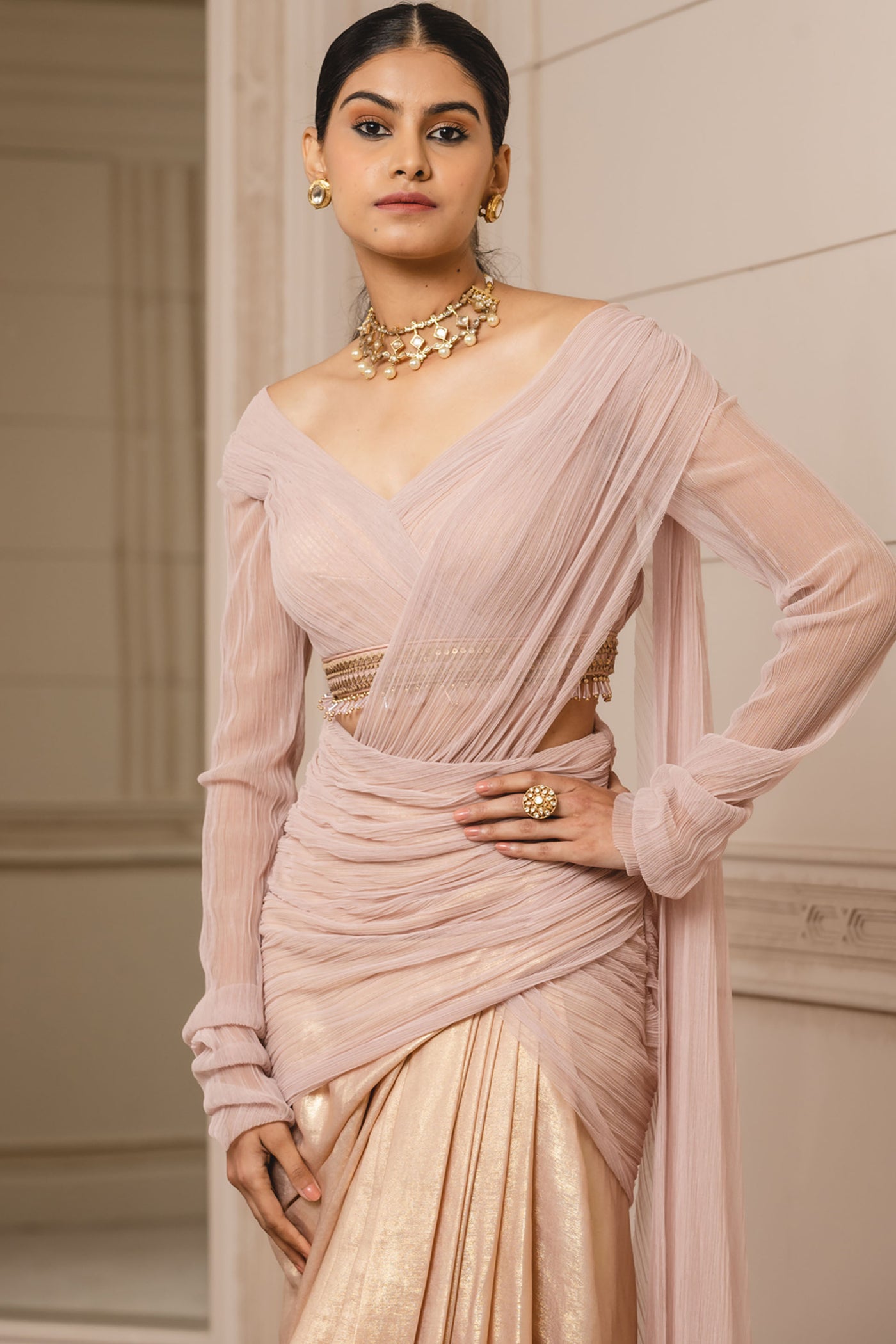 Tarun tahiliani Concept Saree With Fluted Blouse blush indian designer wear bridal wedding online shopping melange singapore