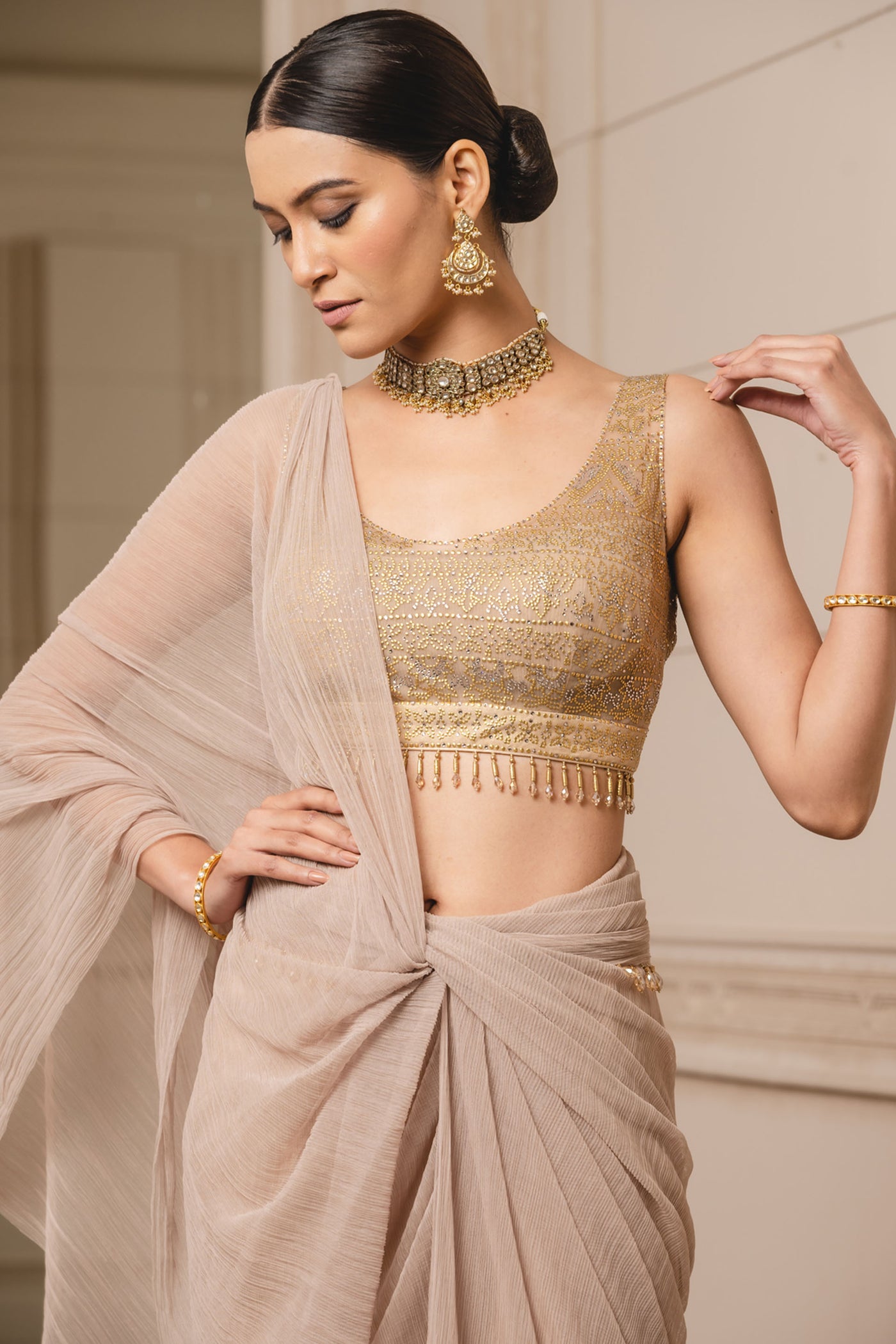 Tarun tahiliani Concept Saree With Studded Blouse gold indian designer wear bridal wedding online shopping melange singapore