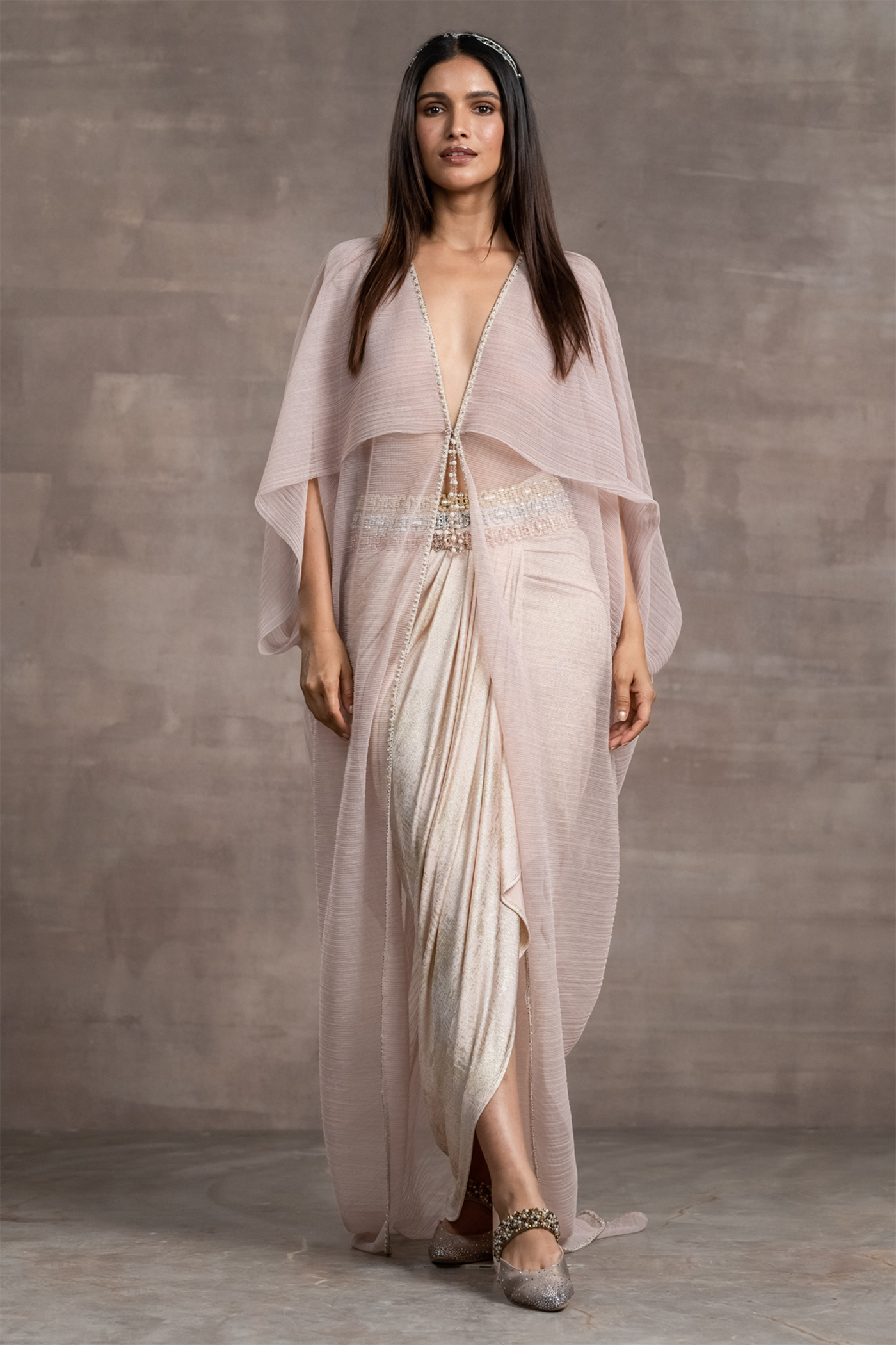 Tarun tahiliani Crinkled Tulle Cape blush indian designer wear bridal wedding online shopping melange singapore
