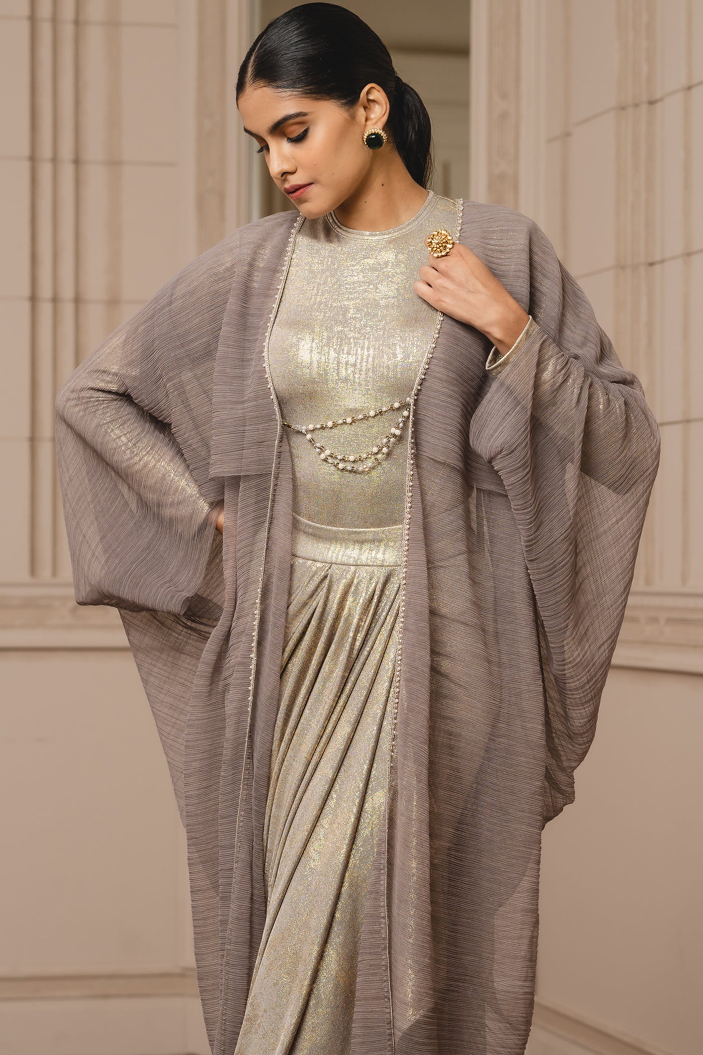Tarun Tahiliani Crinkled Tulle Cape oyster grey online shopping melange singapore indian designer wear