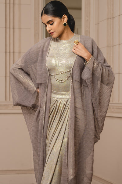 Tarun Tahiliani Crinkled Tulle Cape oyster grey online shopping melange singapore indian designer wear