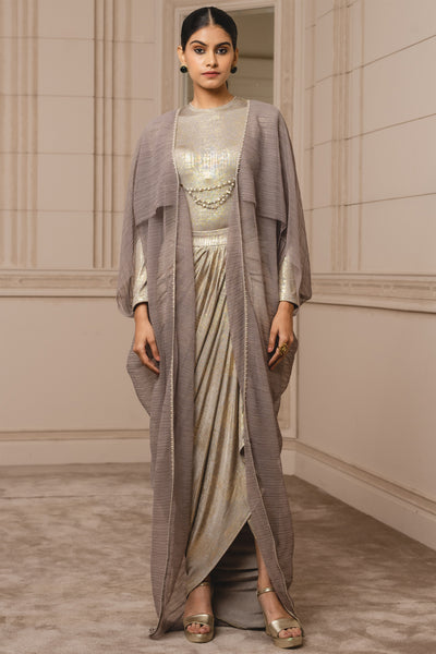 Tarun Tahiliani Crinkled Tulle Cape oyster grey online shopping melange singapore indian designer wear