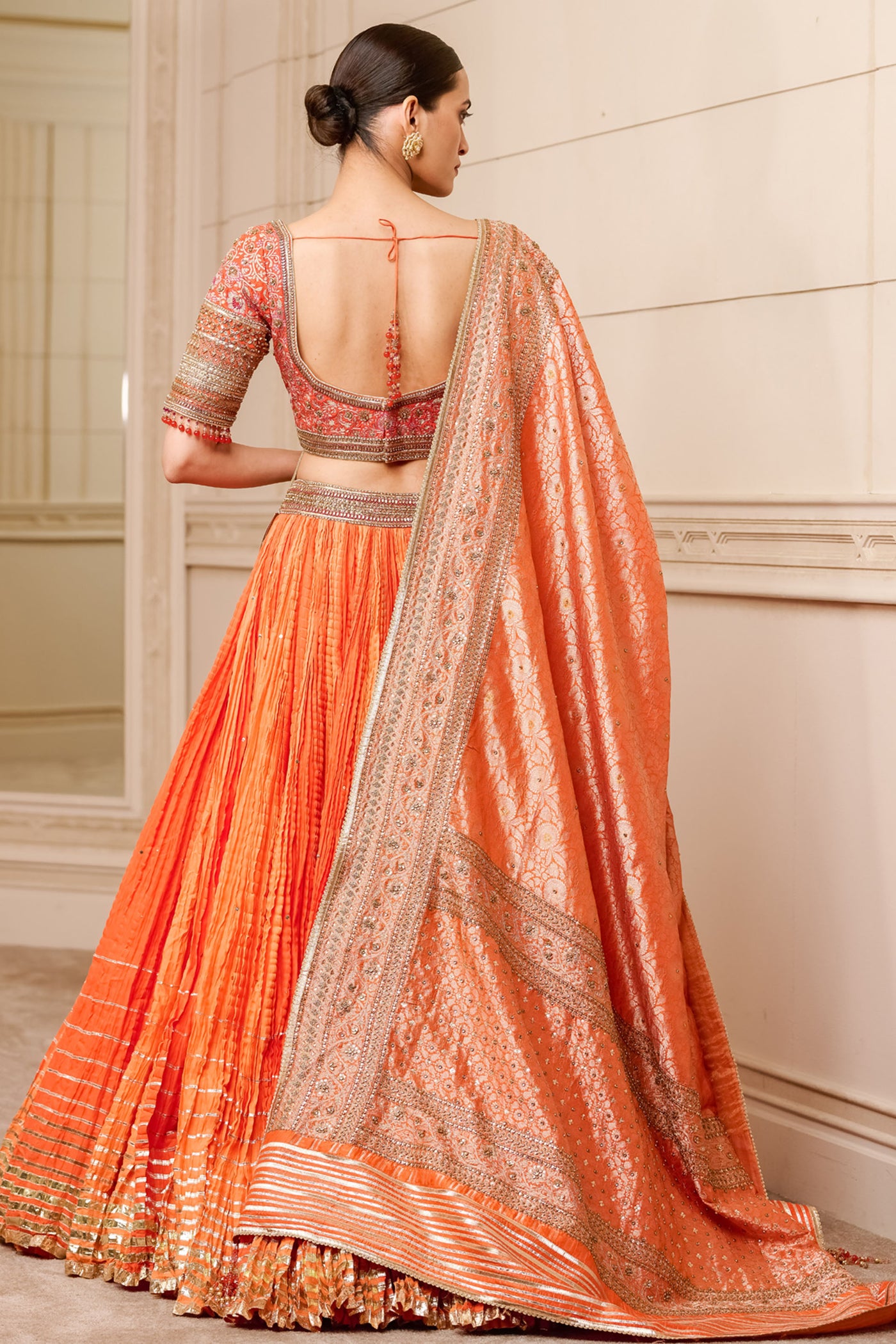 Tarun Tahiliani Crushed Chanderi Lehenga Paired With Blouse And Brocade Dupatta festive indian designer fashion online shopping melange singapore