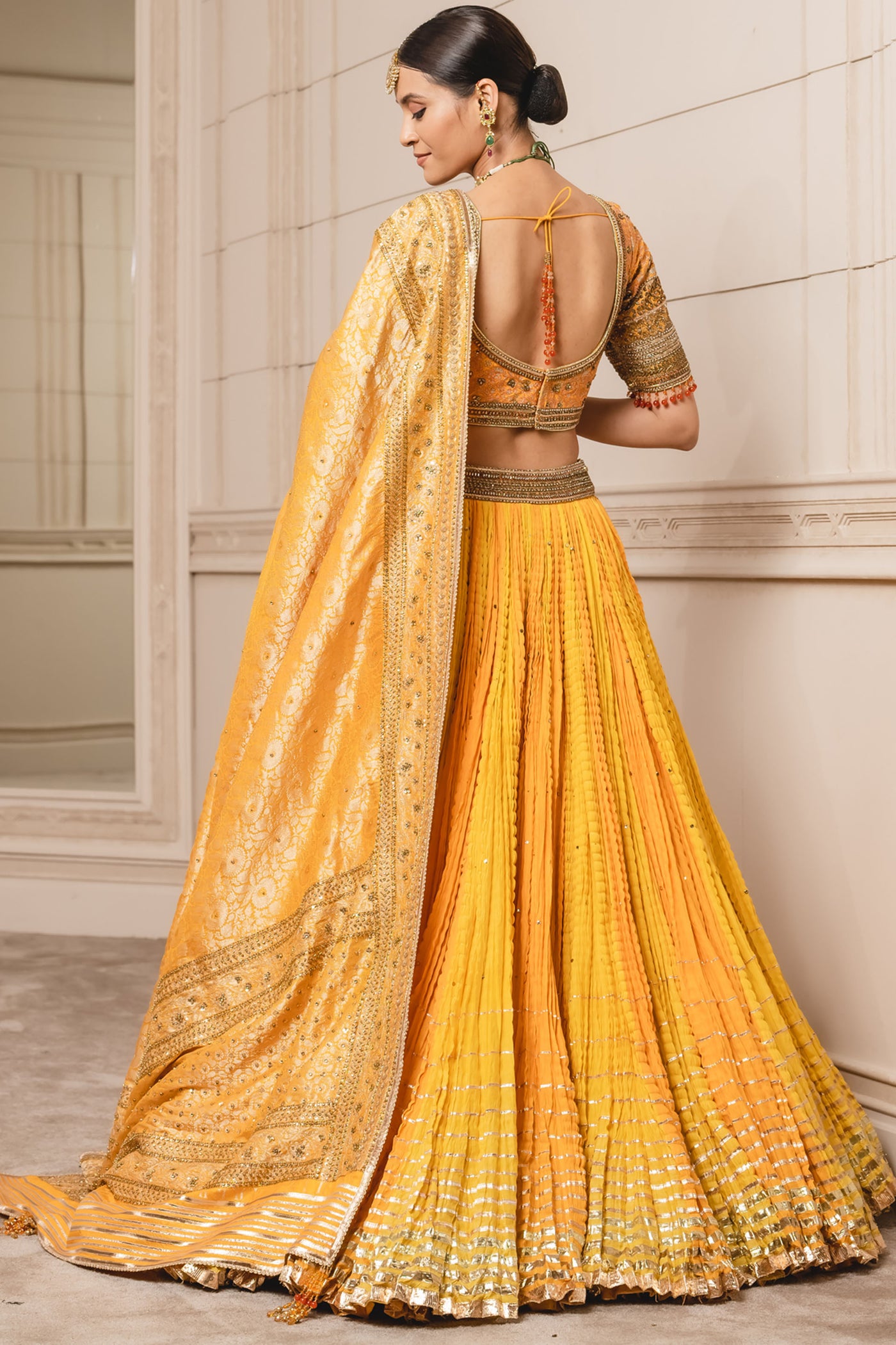 Tarun Tahiliani Crushed Chanderi Lehenga Paired With Blouse And Brocade Dupatta festive indian designer fashion online shopping melange singapore