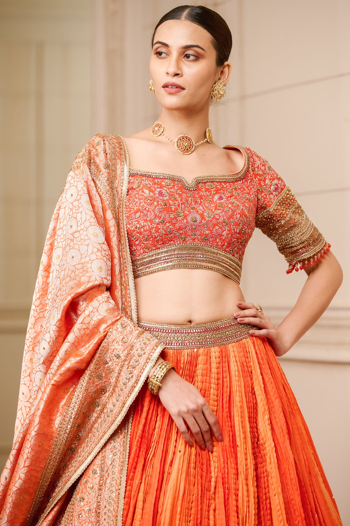 Tarun Tahiliani Crushed Chanderi Lehenga Paired With Blouse And Brocade Dupatta festive indian designer fashion online shopping melange singapore