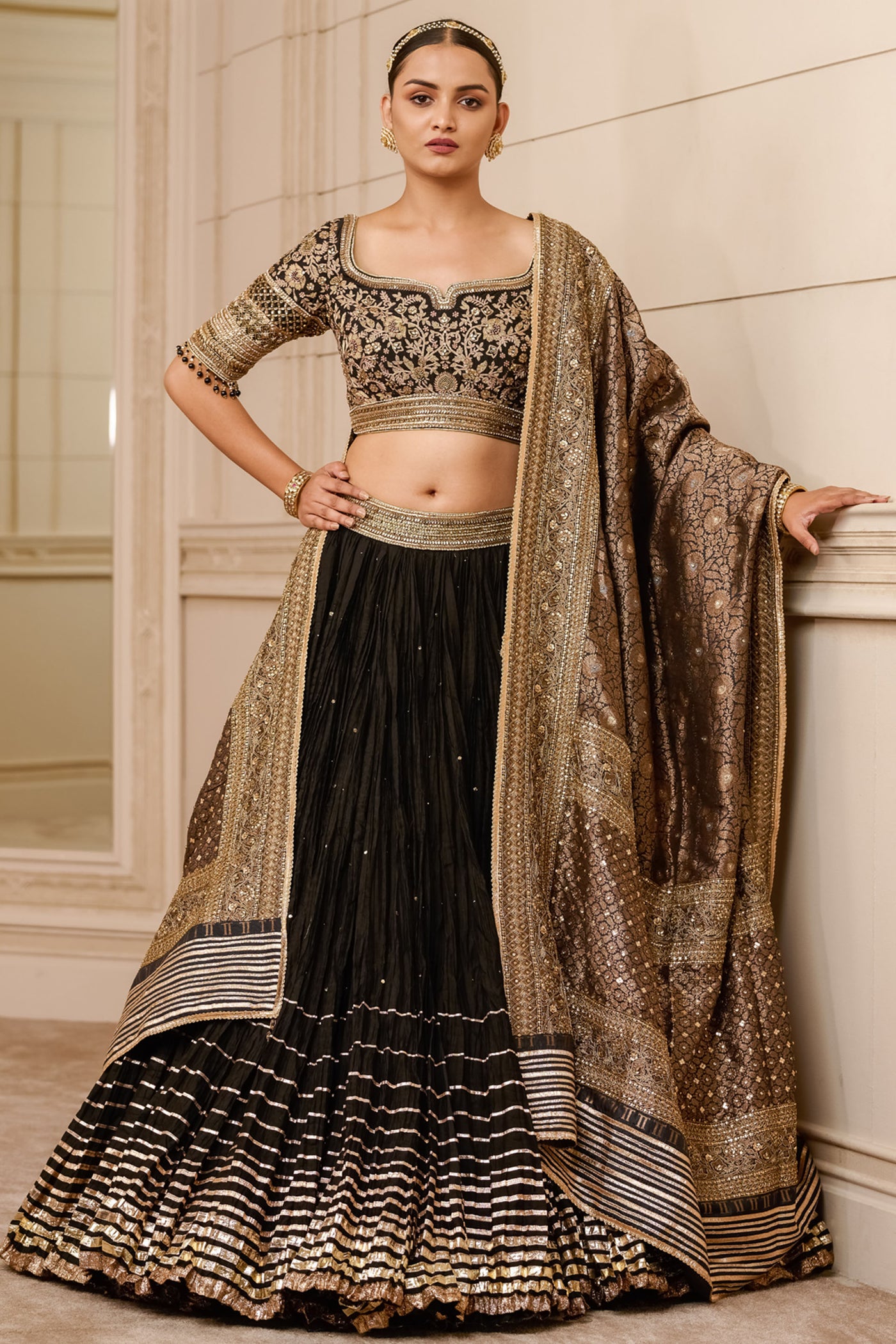 Tarun Tahiliani Crushed Chanderi Lehenga Paired With Blouse And Brocade Dupatta festive indian designer fashion online shopping melange singapore